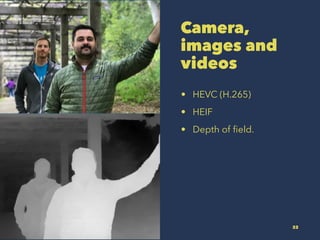 Camera,
images and
videos
? HEVC (H.265)
? HEIF
? Depth of ?eld.
32
 