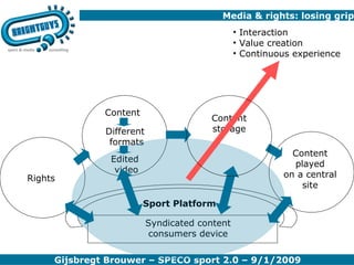 Media & rights: losing grip Stap 3 Rights Different  formats Content Edited  video Syndicated content consumers device Content played on a central site Sport Platform Content storage Interaction Value creation Continuous experience 