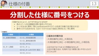 大項目 小項目
01_起動処理機能 01-01_初回起動処理
01-03_通常起動処理
01-03_タイトル
02_ホーム機能 02-01_ホーム
02-02_ホームキャラクター表示
02-03_ミッション
付番することによって、以下ができるようになります
 他メンバーへの仕様確認の際に指定しやすくなる
 ソートするときに便利（特にconfluenceのサイドバーは名前で自動で並び替えられる）
 番号でファイル名を付ける（UIパーツファイルなどで過去に例があった）時に便利
仕様の付番 13
（付番例）
分割した仕様に番号をつける
〇基本の付番方法
・大項目番号(2桁)_大項目名
・大項目番号(2桁) -小項目番号(2桁)_小項目名
上記方法でなくてもまったく問題ありませんが、
上記の付番方法は、汎用的で且つ実際に使いやすかったので
オススメします
 