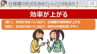 仕様書の形式を決めていいことがあるの？ 28
効率が上がる
【書く】形式が決まっているので、仕様書作成効率が上がる
【読む】形式が決まっているので、目的の内容を探しやすい
 