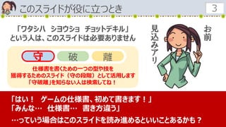 このスライドが役に立つとき 3
「ワタシハ シヨウショ チョットデキル」
という人は、このスライドは必要ありません
「はい！ ゲームの仕様書、初めて書きます！」
「みんな… 仕様書… 書き方違う」
…っていう場合はこのスライドを読み進めるといいことあるかも？
お
前
見
込
み
ア
リ守 破 離
仕様書を書くための一つの型や技を
獲得するためのスライド（守の段階）として活用します
「守破離」を知らない人は検索してね！
 
