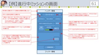 【例】進行中ミッションの画面 61
ヘッダー領域
戻 ミッション
デイリー ウィークリー メイン
？
ステージをクリアしよう
報酬
アイコン
50/999
挑戦する
NEW!
フッター領域
報酬受取
一括報酬受取
別仕様に記載されている場合は詳細を記載しない
ボタンは各丸四角形で記載する ラベルなど押下するところがなく、テキストのみ
を表示する箇所は四角形で記載する
ゲージなどはそれとわかるように図を記載する
アイコン内容の詳細はワイヤーフレーム外の表組
で記載する
リスト表示などで適用を連続で表示することを示
したい場合は、枠のみを記載して読みやすさを担
保する。詳細全てを記載しない
詳細全てを記載しないで、変更のある部分を抽出
して記載する
「戻る」ボタンや、ポップアップの「閉じる」ボ
タンは、以下の処理を考慮して表組みに記載する
・AndroidBackキーを押下した場合
・ポップアップ外を押下した場合
スクロールバーが表示されるかどうかはUIアー
ティストに任せるが、要素としてはスクロール
バーの領域を必ず記載する
明らかに画像で表示するパーツについては、枠と
概要をワイヤーフレームに記載して、表組みに詳
細を記載する
 