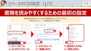 スペースのCSS設定（1/2） 68
① スペースツール
② ルックアンドフィール
③ スタイルシート
④ 「編集」ボタン
⑤ 設定を入力する
⑥ 「保存」ボタン
１
２
３
４
５
６
書類を読みやすくするための最初の設定
初期標準設定のスタイルは行装飾がほとんどされていません
非常に見にくい！（初期設定がクソ案件）
 