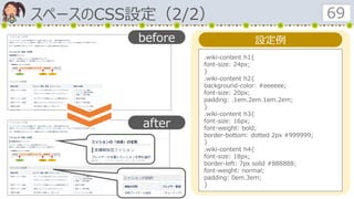 スペースのCSS設定（2/2） 69
設定例
.wiki-content h1{
font-size: 24px;
}
.wiki-content h2{
background-color: #eeeeee;
font-size: 20px;
padding: .1em.2em.1em.2em;
}
.wiki-content h3{
font-size: 16px;
font-weight: bold;
border-bottom: dotted 2px #999999;
}
.wiki-content h4{
font-size: 18px;
border-left: 7px solid #888888;
font-weight: normal;
padding: 0em.3em;
}
before
after
 