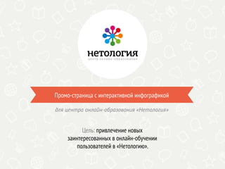 Промо-страница с интерактивной инфографикой
Цель: привлечение новых
заинтересованных в онлайн-обучении
пользователей в «Нетологию».
для центра онлайн-образования «Нетология»
 