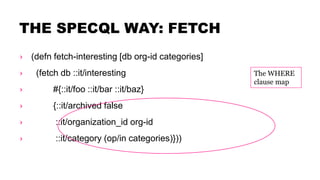 THE SPECQL WAY: FETCH
› (defn fetch-interesting [db org-id categories]
› (fetch db ::it/interesting
› #{::it/foo ::it/bar ::it/baz}
› {::it/archived false
› ::it/organization_id org-id
› ::it/category (op/in categories)}))
The WHERE
clause map
 