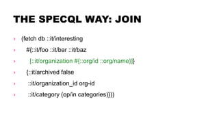 THE SPECQL WAY: JOIN
› (fetch db ::it/interesting
› #{::it/foo ::it/bar ::it/baz
› [::it/organization #{::org/id ::org/name}]}
› {::it/archived false
› ::it/organization_id org-id
› ::it/category (op/in categories)}))
 