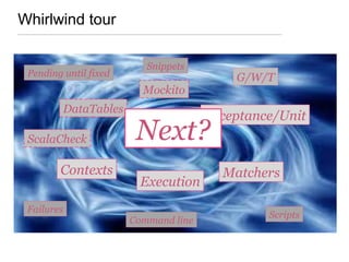 Whirlwind tour
Acceptance/Unit
Matchers
Mockito
G/W/T
ScalaCheck
Contexts
Pending until fixed
Command line
Failures
Scripts
Snippets
DataTables
Execution
Next?
 