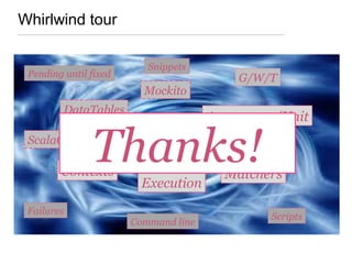 Whirlwind tour
Acceptance/Unit
Matchers
Mockito
G/W/T
ScalaCheck
Contexts
Pending until fixed
Command line
Failures
Scripts
Snippets
DataTables
Execution
Thanks!
 