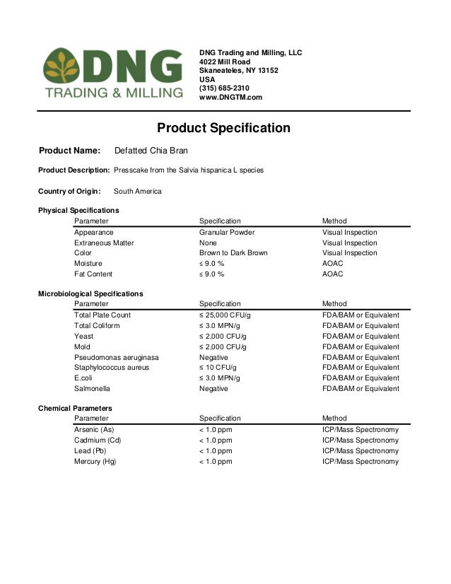 spec sheet defatted chia bran dng food specification sheet