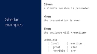 Given
a <level> session is presented
When
the presentation is over
Then
the audience will <reaction>
Examples:
| level | reaction |
| great | clap |
| horrible | cry |
 