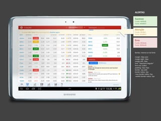 ALERTAS
Sucesso
Fundo: #dff0d8
Fonte: #468847
Atenção
Fundo: #fcf8e3
Fonte: #cb9853
Erro
Fundo: #f2dede
Fonte: #b94a48
Bordas: mesma cor da fonte
margin: 10px auto
margin-right: 10px
margin-left: 10px
font: "OpenSans-Regular"
font-size: 0.8em
padding: 15px 15px
border: 1px solid
border-radius: 5px
-moz-border-radius: 5px
-webkit-border-radius: 5px
 