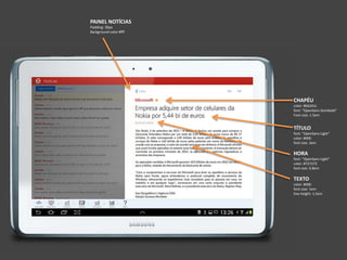 CHAPÉU
color: #bb241c
font: "OpenSans-Semibold“
Font-size: 1.5em
TÍTULO
font: "OpenSans-Light“
color: #000
font-size: 2em
HORA
font: "OpenSans-Light“
color: #727272
font-size: 0.8em
TEXTO
color: #000
font-size: 1em
line-height: 1.5em
PAINEL NOTÍCIAS
Padding: 30px
Background-color:#fff
 