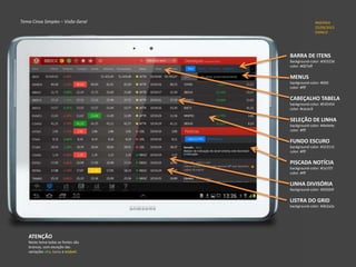 INSERIDA
25/09/2013
DANILO
BARRA DE ITENS
Background-color: #303236
color: #007aff
MENUS
background-color: #000
color: #fff
CABEÇALHO TABELA
background-color: #545454
color: #cacac9
SELEÇÃO DE LINHA
background-color: #4e4e4e
color: #fff
FUNDO ESCURO
background-color: #323131
color: #fff
PISCADA NOTÍCIA
background-color: #1e1f1f
color: #fff
LINHA DIVISÓRIA
Background-color: #50504f
LISTRA DO GRID
background-color: #2b2a2a
Tema Cinza Simples – Visão Geral
ATENÇÃO
Neste tema todas as fontes são
brancas, com exceção das
variações alta, baixa e estável.
 