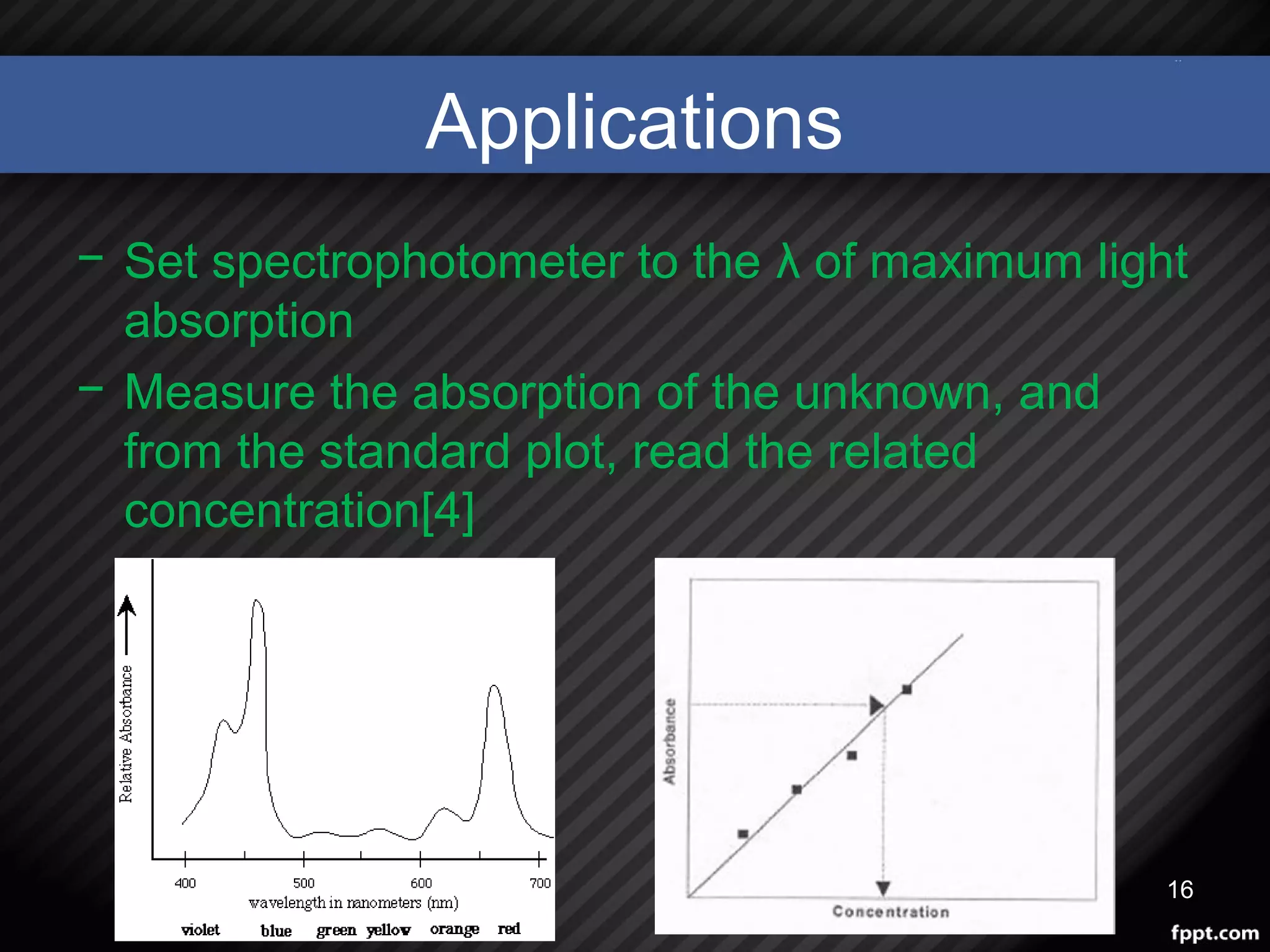 Applications
− Set spectrophotometer to the λ of maximum light
absorption
− Measure the absorption of the unknown, and
from the standard plot, read the related
concentration[4]
16
 