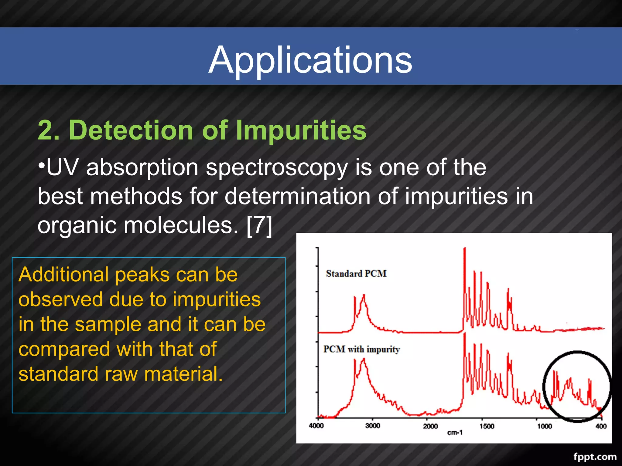 Applications
2. Detection of Impurities
•UV absorption spectroscopy is one of the
best methods for determination of impurities in
organic molecules. [7]
17
Additional peaks can be
observed due to impurities
in the sample and it can be
compared with that of
standard raw material.
 
