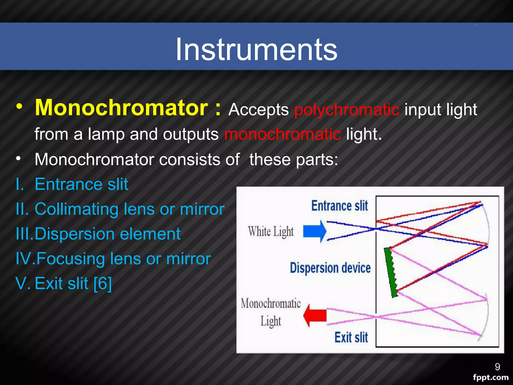 Instruments
• Monochromator : Accepts polychromatic input light
from a lamp and outputs monochromatic light.
• Monochromator consists of these parts:
I. Entrance slit
II. Collimating lens or mirror
III.Dispersion element
IV.Focusing lens or mirror
V. Exit slit [6]
9
 