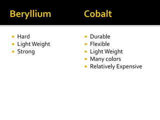  Hard
 Light Weight
 Strong
 Durable
 Flexible
 Light Weight
 Many colors
 Relatively Expensive
 