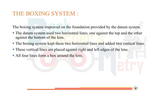 THE BOXING SYSTEM :
The boxing system improved on the foundation provided by the datum system.
 The datum system used two horizontal lines; one against the top and the other
against the bottom of the lens.
 The boxing system kept these two horizontal lines and added two vertical lines.
 These vertical lines are placed against right and left edges of the lens.
 All four lines form a box around the lens.
 