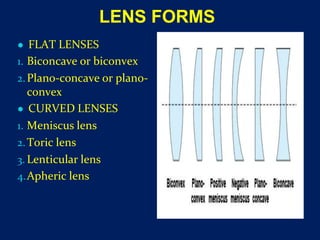 LENS FORMS
● FLAT LENSES
1. Biconcave or biconvex
2.Plano-concave or plano-
convex
● CURVED LENSES
1. Meniscus lens
2.Toric lens
3. Lenticular lens
4.Apheric lens
 