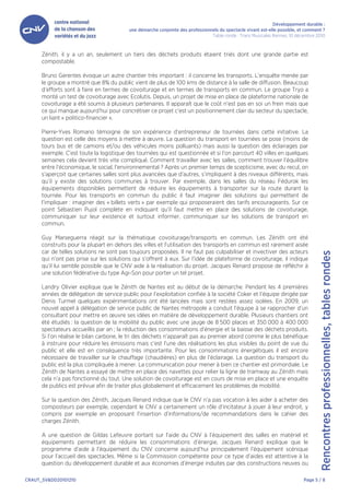 Développement durable :
                                          une démarche conjointe des professionnels du spectacle vivant est-elle possible, et comment ?
                                                                                Table ronde : Trans Musicales Rennes, 10 décembre 2010



      Zénith, il y a un an, seulement un tiers des déchets produits étaient triés dont une grande partie est
      compostable.

      Bruno Gerentes évoque un autre chantier très important : il concerne les transports. L’enquête menée par
      le groupe a montré que 8% du public vient de plus de 100 kms de distance à la salle de diffusion. Beaucoup
      d’efforts sont à faire en termes de covoiturage et en termes de transports en commun. Le groupe Tryo a
      monté un test de covoiturage avec Ecolutis. Depuis, un projet de mise en place de plateforme nationale de
      covoiturage a été soumis à plusieurs partenaires. Il apparaît que le coût n’est pas en soi un frein mais que
      ce qui manque aujourd’hui pour concrétiser ce projet c’est un positionnement clair du secteur du spectacle,
      un liant « politico-financier ».

      Pierre-Yves Romano témoigne de son expérience d’entrepreneur de tournées dans cette initiative. La
      question est celle des moyens à mettre à œuvre. La question du transport en tournées se pose (moins de
      tours bus et de camions et/ou des véhicules moins polluants) mais aussi la question des éclairages par
      exemple. C’est toute la logistique des tournées qui est questionnée et si l’on parcourt 40 villes en quelques
      semaines cela devient très vite compliqué. Comment travailler avec les salles, comment trouver l’équilibre
      entre l’économique, le social, l’environnemental ? Après un premier temps de scepticisme, avec du recul, on
      s’aperçoit que certaines salles sont plus avancées que d’autres, s’impliquent à des niveaux différents, mais
      qu’il y existe des solutions communes à trouver. Par exemple, dans les salles du réseau Fédurok les
      équipements disponibles permettent de réduire les équipements à transporter sur la route durant la
      tournée. Pour les transports en commun du public il faut imaginer des solutions qui permettent de
      l’impliquer : imaginer des « billets verts » par exemple qui proposeraient des tarifs encourageants. Sur ce
      point Sébastien Pujol complète en indiquant qu’il faut mettre en place des solutions de covoiturage,
      communiquer sur leur existence et surtout informer, communiquer sur les solutions de transport en
      commun.

      Guy Marseguerra réagit sur la thématique covoiturage/transports en commun. Les Zénith ont été
      construits pour la plupart en dehors des villes et l’utilisation des transports en commun est rarement aisée
      car de telles solutions ne sont pas toujours proposées. Il ne faut pas culpabiliser et invectiver des acteurs




                                                                                                                                    Rencontres professionnelles, tables rondes
      qui n’ont pas prise sur les solutions qui s’offrent à eux. Sur l’idée de plateforme de covoiturage, il indique
      qu’il lui semble possible que le CNV aide à la réalisation du projet. Jacques Renard propose de réfléchir à
      une solution fédérative du type Agi-Son pour porter un tel projet.

      Landry Olivier explique que le Zénith de Nantes est au début de la démarche. Pendant les 4 premières
      années de délégation de service public pour l’exploitation confiée à la société Coker et l’équipe dirigée par
      Denis Turmel quelques expérimentations ont été lancées mais sont restées assez isolées. En 2009, un
      nouvel appel à délégation de service public de Nantes métropole a conduit l’équipe à se rapprocher d’un
      consultant pour mettre en œuvre ses idées en matière de développement durable. Plusieurs chantiers ont
      été étudiés : la question de la mobilité du public avec une jauge de 8 500 places et 350 000 à 400 000
      spectateurs accueillis par an ; la réduction des consommations d’énergie et la baisse des déchets produits.
      Si l’on réalise le bilan carbone, le tri des déchets n’apparaît pas au premier abord comme le plus bénéfique
      à instruire pour réduire les émissions mais c’est l’une des réalisations les plus visibles du point de vue du
      public et elle est en conséquence très importante. Pour les consommations énergétiques il est encore
      nécessaire de travailler sur le chauffage (chaudières) en plus de l’éclairage. La question du transport du
      public est la plus compliquée à mener. La communication pour mener à bien ce chantier est primordiale. Le
      Zénith de Nantes a essayé de mettre en place des navettes pour relier la ligne de tramway au Zénith mais
      cela n’a pas fonctionné du tout. Une solution de covoiturage est en cours de mise en place et une enquête
      de publics est prévue afin de traiter plus globalement et efficacement les problèmes de mobilité.

      Sur la question des Zénith, Jacques Renard indique que le CNV n’a pas vocation à les aider à acheter des
      composteurs par exemple, cependant le CNV a certainement un rôle d’incitateur à jouer à leur endroit, y
      compris par exemple en proposant l’insertion d’informations/de recommandations dans le cahier des
      charges Zénith.

      A une question de Gildas Lefeuvre portant sur l’aide du CNV à l’équipement des salles en matériel et
      équipements permettant de réduire les consommations d’énergie, Jacques Renard explique que le
      programme d’aide à l’équipement du CNV concerne aujourd’hui principalement l’équipement scénique
      pour l’accueil des spectacles. Même si la Commission compétente pour ce type d’aides est attentive à la
      question du développement durable et aux économies d’énergie induites par des constructions neuves ou

CRAUT_SV&DD20101210                                                                                                         Page 5 / 8
 