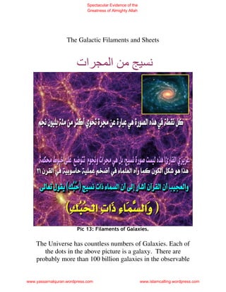 Spectacular Evidence of the
                             Greatness of Almighty Allah




                   The Galactic Filaments and Sheets


                        ‫ات‬               ‫ﻡ ا‬                   ‫ﻥ‬




                        Pic 13: Filaments of Galaxies.

    The Universe has countless numbers of Galaxies. Each of
       the dots in the above picture is a galaxy. There are
    probably more than 100 billion galaxies in the observable


www.yassarnalquran.wordpress.com                           www.islamcalling.wordpress.com
 