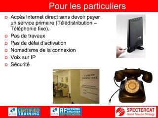 Pour les particuliers Accès Internet direct sans devoir payer un service primaire (Télédistribution – Téléphonie fixe). Pas de travaux Pas de délai d’activation Nomadisme de la connexion Voix sur IP Sécurité 