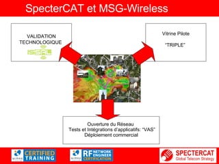 SpecterCAT et MSG-Wireless VALIDATION TECHNOLOGIQUE   Vitrine Pilote “ TRIPLE”   Ouverture du Réseau  Tests et Intégrations d’applicatifs: “VAS” Déploiement commercial 