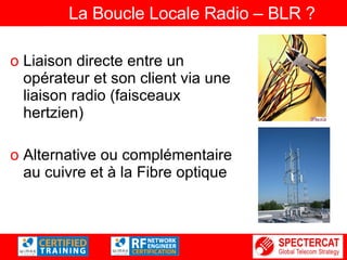 La Boucle Locale Radio – BLR ? Liaison directe entre un opérateur et son client via une liaison radio (faisceaux hertzien) Alternative ou complémentaire au cuivre et à la Fibre optique 