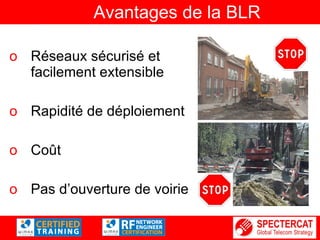 Avantages de la BLR Réseaux sécurisé et facilement extensible  Rapidité de déploiement Coût Pas d’ouverture de voirie 