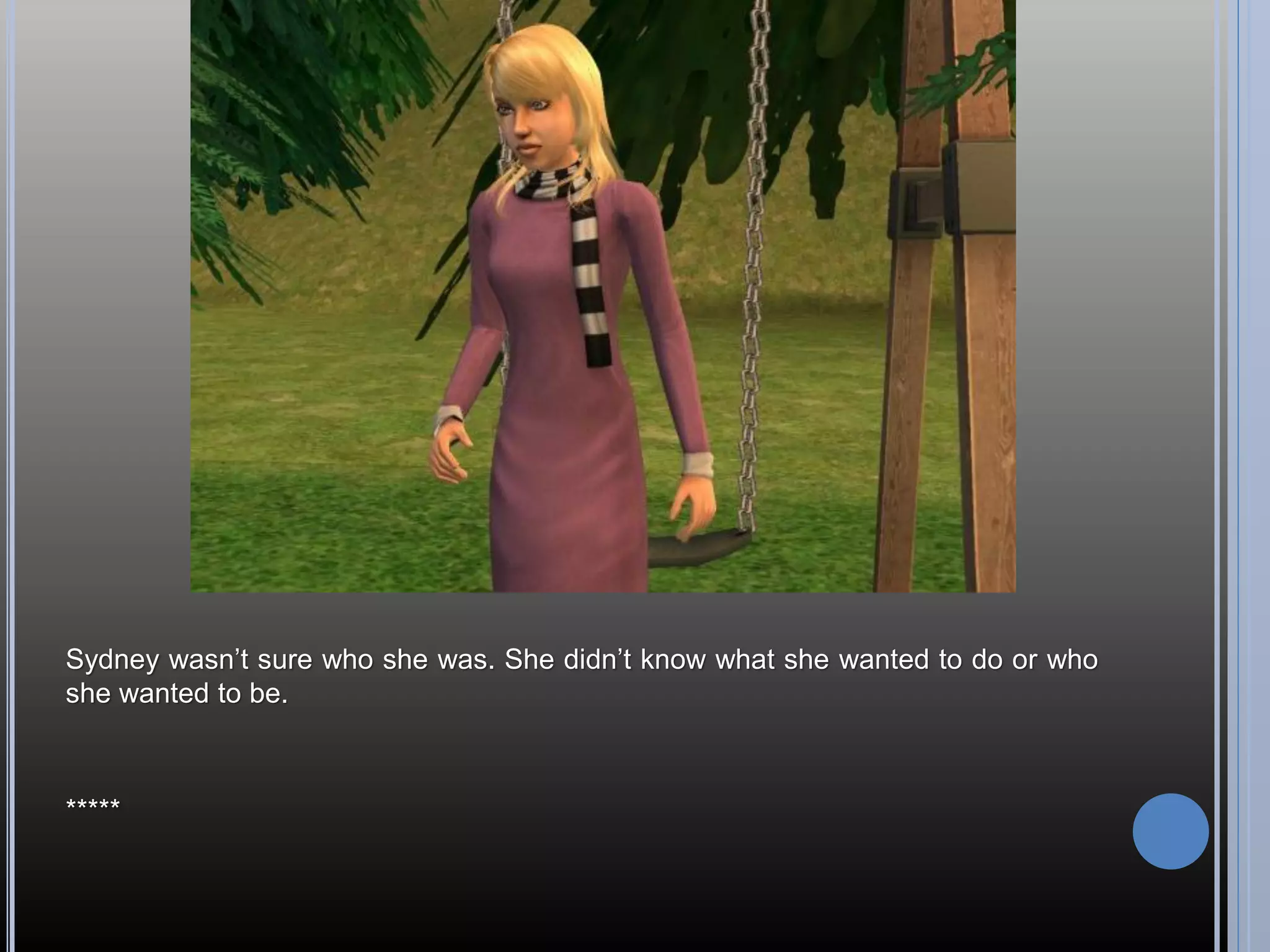 Sydney wasn’t sure who she was. She didn’t know what she wanted to do or who
she wanted to be.



*****
 