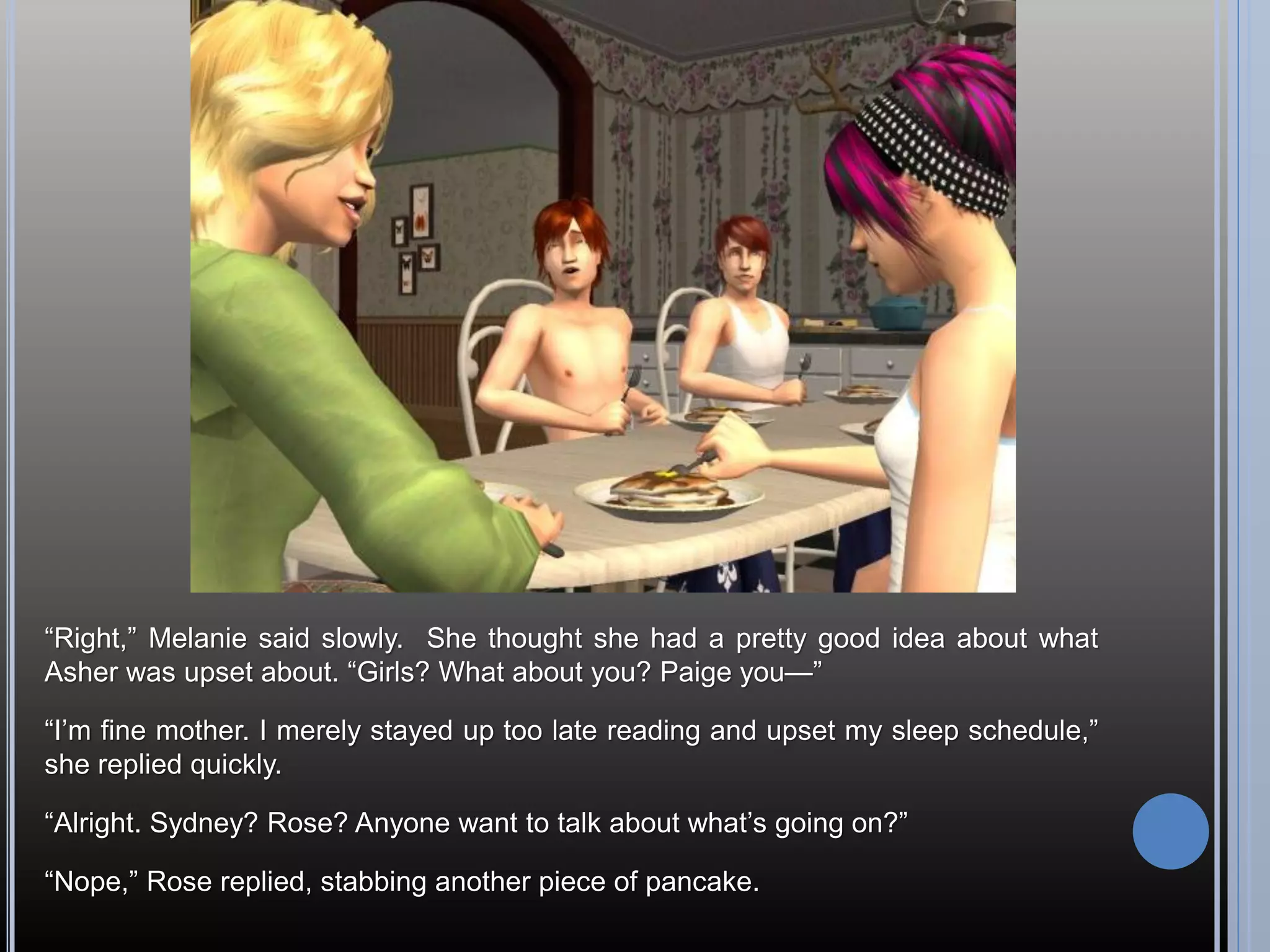 “Right,” Melanie said slowly. She thought she had a pretty good idea about what
Asher was upset about. “Girls? What about you? Paige you—”

“I’m fine mother. I merely stayed up too late reading and upset my sleep schedule,”
she replied quickly.

“Alright. Sydney? Rose? Anyone want to talk about what’s going on?”

“Nope,” Rose replied, stabbing another piece of pancake.
 