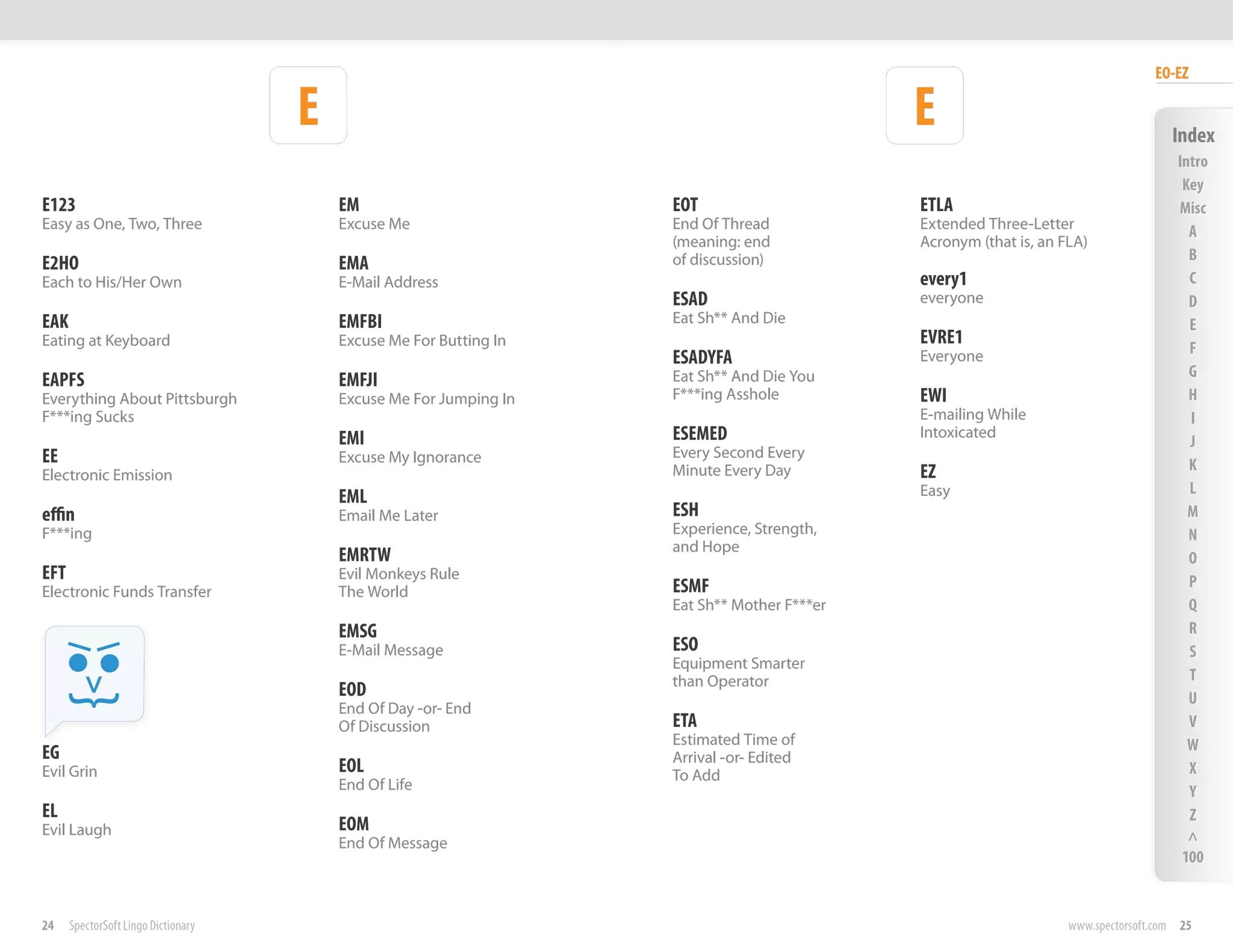 EO-EZ

                                     E                                                       E                                       Index
                                                                                                                                      Intro
                                                                                                                                       Key
E123                                     EM                         EOT                      ETLA                                     Misc
Easy as One, Two, Three                  Excuse Me                  End Of Thread            Extended Three-Letter                      A
                                                                    (meaning: end            Acronym (that is, an FLA)
                                                                    of discussion)                                                      B
E2HO                                     EMA
Each to His/Her Own                      E-Mail Address                                      every1                                     C
                                                                    ESAD                     everyone                                   D
EAK                                      EMFBI                      Eat Sh** And Die                                                    E
Eating at Keyboard                       Excuse Me For Butting In                            EVRE1
                                                                                                                                        F
                                                                    ESADYFA                  Everyone
                                                                    Eat Sh** And Die You                                                G
EAPFS                                    EMFJI
Everything About Pittsburgh              Excuse Me For Jumping In   F***ing Asshole          EWI                                        H
F***ing Sucks                                                                                E-mailing While                            I
                                         EMI                        ESEMED                   Intoxicated
                                                                                                                                        J
EE                                       Excuse My Ignorance        Every Second Every
                                                                    Minute Every Day         EZ                                         K
Electronic Emission
                                                                                             Easy                                       L
                                         EML
effin                                    Email Me Later             ESH                                                                 M
F***ing                                                             Experience, Strength,                                               N
                                                                    and Hope
                                         EMRTW                                                                                          O
EFT                                      Evil Monkeys Rule                                                                              P
Electronic Funds Transfer                The World                  ESMF
                                                                    Eat Sh** Mother F***er                                              Q
                                         EMSG                                                                                           R
                                         E-Mail Message             ESO                                                                 S
                                                                    Equipment Smarter
                                                                    than Operator                                                       T
                                         EOD                                                                                            U
                                         End Of Day -or- End
                                         Of Discussion              ETA                                                                 V
                                                                    Estimated Time of                                                   W
EG                                                                  Arrival -or- Edited
Evil Grin                                EOL                        To Add                                                              X
                                         End Of Life                                                                                    Y
EL                                                                                                                                      Z
Evil Laugh                               EOM
                                         End Of Message                                                                                 ^
                                                                                                                                       100


24    SpectorSoft Lingo Dictionary                                                                                 www.spectorsoft.com 25
 