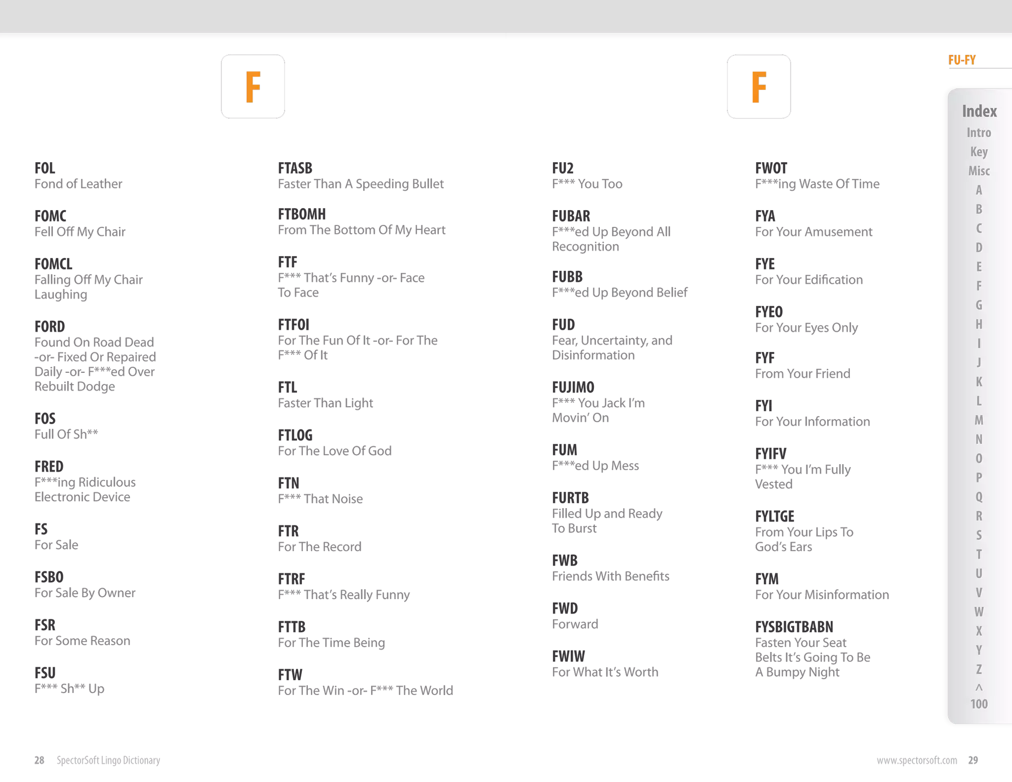 FU-FY

                                     F                                                               F                                          Index
                                                                                                                                                 Intro
                                                                                                                                                  Key
FOL                                      FTASB                             FU2                       FWOT                                        Misc
Fond of Leather                          Faster Than A Speeding Bullet     F*** You Too              F***ing Waste Of Time                         A
                                         FTBOMH                                                                                                    B
FOMC                                                                       FUBAR                     FYA
Fell Off My Chair                        From The Bottom Of My Heart       F***ed Up Beyond All      For Your Amusement                            C
                                                                           Recognition                                                             D
FOMCL                                    FTF                                                         FYE                                           E
Falling Off My Chair                     F*** That’s Funny -or- Face       FUBB                      For Your Edification
                                         To Face                           F***ed Up Beyond Belief                                                 F
Laughing
                                                                                                                                                   G
                                                                                                     FYEO
FORD                                     FTFOI                             FUD                       For Your Eyes Only                            H
Found On Road Dead                       For The Fun Of It -or- For The    Fear, Uncertainty, and                                                  I
-or- Fixed Or Repaired                   F*** Of It                        Disinformation            FYF                                           J
Daily -or- F***ed Over                                                                               From Your Friend
Rebuilt Dodge                            FTL                               FUJIMO                                                                  K
                                         Faster Than Light                 F*** You Jack I’m         FYI                                           L
FOS                                                                        Movin’ On                 For Your Information                          M
Full Of Sh**                             FTLOG                                                                                                     N
                                         For The Love Of God               FUM                       FYIFV                                         O
FRED                                                                       F***ed Up Mess            F*** You I’m Fully
F***ing Ridiculous                       FTN                                                         Vested                                        P
Electronic Device                        F*** That Noise                   FURTB                                                                   Q
                                                                           Filled Up and Ready       FYLTGE                                        R
FS                                       FTR                               To Burst                  From Your Lips To                             S
For Sale                                 For The Record                                              God’s Ears
                                                                           FWB                                                                     T
FSBO                                     FTRF                              Friends With Benefits     FYM                                           U
For Sale By Owner                        F*** That’s Really Funny                                    For Your Misinformation                       V
                                                                           FWD                                                                     W
FSR                                      FTTB                              Forward                   FYSBIGTBABN                                   X
For Some Reason                          For The Time Being                                          Fasten Your Seat
                                                                           FWIW                      Belts It’s Going To Be
                                                                                                                                                   Y
FSU                                      FTW                               For What It’s Worth       A Bumpy Night                                 Z
F*** Sh** Up                             For The Win -or- F*** The World                                                                           ^
                                                                                                                                                  100


28    SpectorSoft Lingo Dictionary                                                                                            www.spectorsoft.com 29
 