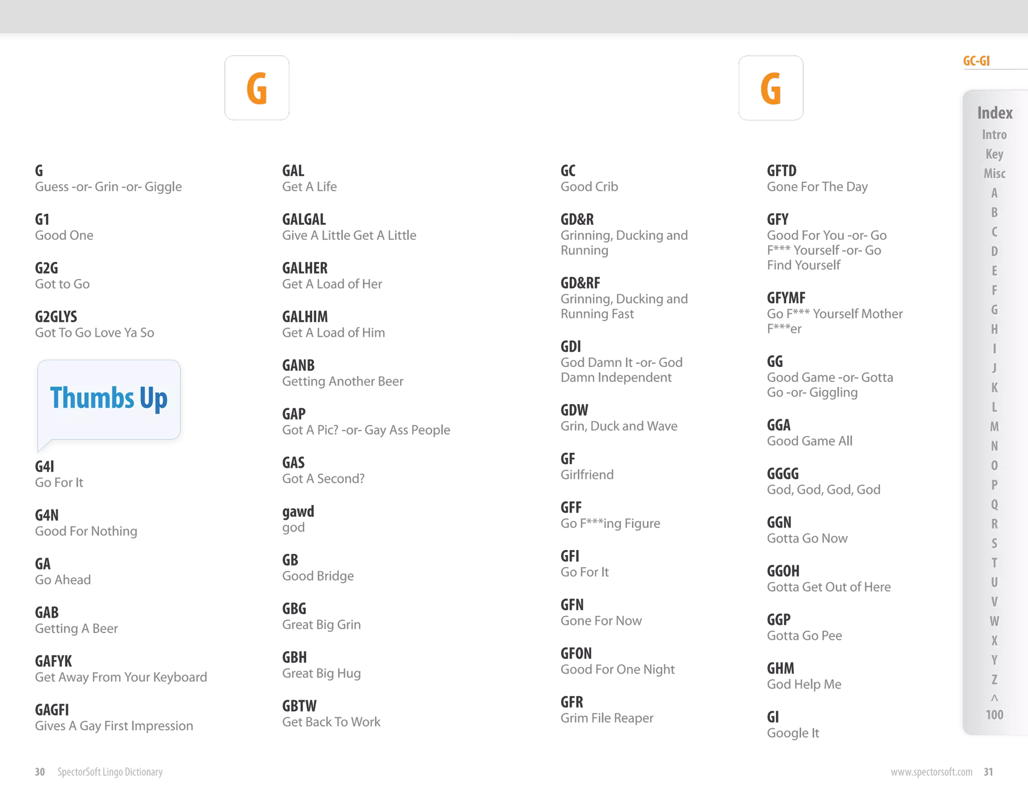 GC-GI

                                     G                                                            G                                         Index
                                                                                                                                             Intro
                                                                                                                                              Key
G                                        GAL                              GC                      GFTD                                       Misc
Guess -or- Grin -or- Giggle              Get A Life                       Good Crib               Gone For The Day                             A
                                                                                                                                               B
G1                                       GALGAL                           GD&R                    GFY
Good One                                 Give A Little Get A Little       Grinning, Ducking and   Good For You -or- Go                         C
                                                                          Running                 F*** Yourself -or- Go                        D
G2G                                      GALHER                                                   Find Yourself                                E
Got to Go                                Get A Load of Her                GD&RF                                                                F
                                                                          Grinning, Ducking and   GFYMF
                                                                          Running Fast            Go F*** Yourself Mother                      G
G2GLYS                                   GALHIM
Got To Go Love Ya So                     Get A Load of Him                                        F***er                                       H
                                                                          GDI                                                                  I
                                         GANB                             God Damn It -or- God    GG                                           J
                                         Getting Another Beer             Damn Independent        Good Game -or- Gotta
     Thumbs Up                           GAP                              GDW
                                                                                                  Go -or- Giggling                             K
                                                                                                                                               L
                                         Got A Pic? -or- Gay Ass People   Grin, Duck and Wave     GGA                                          M
                                                                                                  Good Game All                                N
G4I                                      GAS                              GF                                                                   O
Go For It                                Got A Second?                    Girlfriend              GGGG
                                                                                                  God, God, God, God                           P
                                                                          GFF                                                                  Q
G4N                                      gawd
Good For Nothing                         god                              Go F***ing Figure       GGN                                          R
                                                                                                  Gotta Go Now                                 S
GA                                       GB                               GFI                                                                  T
Go Ahead                                 Good Bridge                      Go For It               GGOH
                                                                                                  Gotta Get Out of Here                        U
                                                                          GFN                                                                  V
GAB                                      GBG
Getting A Beer                           Great Big Grin                   Gone For Now            GGP                                          W
                                                                                                  Gotta Go Pee                                 X
GAFYK                                    GBH                              GFON                                                                 Y
Get Away From Your Keyboard              Great Big Hug                    Good For One Night      GHM
                                                                                                  God Help Me                                  Z
                                                                          GFR                                                                  ^
GAGFI                                    GBTW                                                                                                 100
Gives A Gay First Impression             Get Back To Work                 Grim File Reaper        GI
                                                                                                  Google It

30    SpectorSoft Lingo Dictionary                                                                                        www.spectorsoft.com 31
 