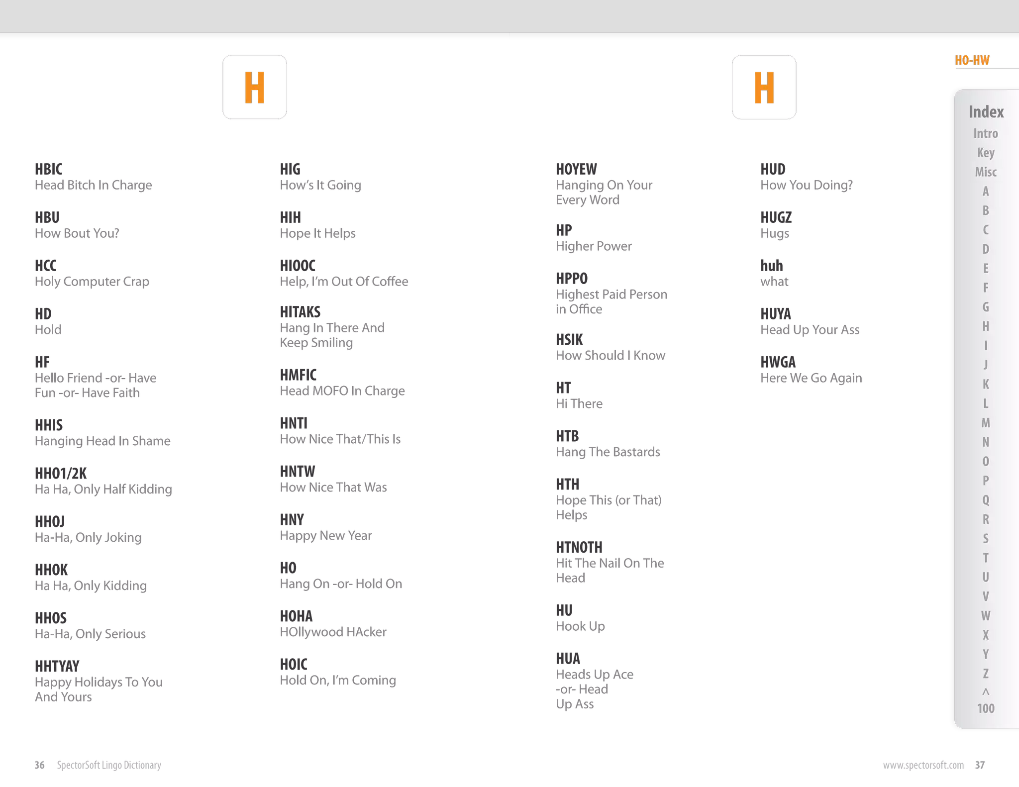HO-HW

                                     H                                                   H                                    Index
                                                                                                                               Intro
                                                                                                                                Key
HBIC                                     HIG                       HOYEW                 HUD                                   Misc
Head Bitch In Charge                     How’s It Going            Hanging On Your       How You Doing?                          A
                                                                   Every Word
                                                                                                                                 B
HBU                                      HIH                                             HUGZ
How Bout You?                            Hope It Helps             HP                    Hugs                                    C
                                                                   Higher Power                                                  D
HCC                                      HIOOC                                           huh                                     E
Holy Computer Crap                       Help, I’m Out Of Coffee   HPPO                  what
                                                                   Highest Paid Person                                           F
                                         HITAKS                    in Office                                                     G
HD                                                                                       HUYA
Hold                                     Hang In There And                               Head Up Your Ass                        H
                                         Keep Smiling              HSIK                                                          I
                                                                   How Should I Know
HF                                                                                       HWGA                                    J
Hello Friend -or- Have                   HMFIC                                           Here We Go Again
                                         Head MOFO In Charge       HT                                                            K
Fun -or- Have Faith
                                                                   Hi There                                                      L
HHIS                                     HNTI                                                                                    M
Hanging Head In Shame                    How Nice That/This Is     HTB                                                           N
                                                                   Hang The Bastards
                                                                                                                                 O
HHO1/2K                                  HNTW
                                         How Nice That Was         HTH                                                           P
Ha Ha, Only Half Kidding
                                                                   Hope This (or That)                                           Q
                                         HNY                       Helps                                                         R
HHOJ
Ha-Ha, Only Joking                       Happy New Year                                                                          S
                                                                   HTNOTH
                                                                   Hit The Nail On The                                           T
HHOK                                     HO
                                         Hang On -or- Hold On      Head                                                          U
Ha Ha, Only Kidding
                                                                                                                                 V
HHOS                                     HOHA                      HU                                                            W
                                         HOllywood HAcker          Hook Up
Ha-Ha, Only Serious                                                                                                              X
                                                                   HUA                                                           Y
HHTYAY                                   HOIC
                                         Hold On, I’m Coming       Heads Up Ace                                                  Z
Happy Holidays To You
                                                                   -or- Head                                                     ^
And Yours
                                                                   Up Ass                                                       100


36    SpectorSoft Lingo Dictionary                                                                          www.spectorsoft.com 37
 