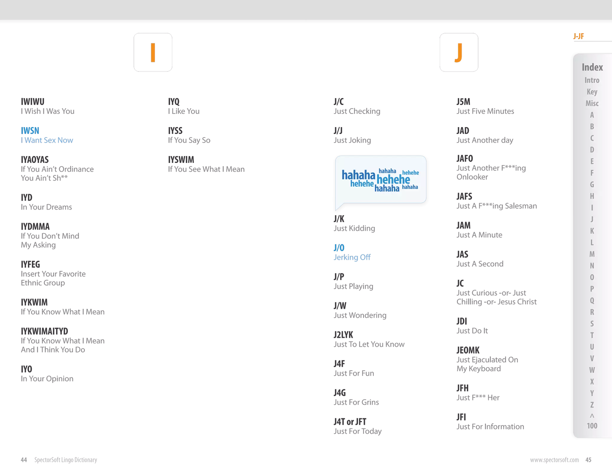J-JF

                                     I                                                           J                                        Index
                                                                                                                                              Intro
                                                                                                                                               Key
IWIWU                                    IYQ                      J/C                            J5M                                          Misc
I Wish I Was You                         I Like You               Just Checking                  Just Five Minutes                              A
                                                                                                                                                B
IWSN                                     IYSS                     J/J                            JAD
I Want Sex Now                           If You Say So            Just Joking                    Just Another day                               C
                                                                                                                                                D
IYAOYAS                                  IYSWIM                                                  JAFO                                           E
If You Ain’t Ordinance                   If You See What I Mean                                  Just Another F***ing
You Ain’t Sh**                                                      hahaha hehehe
                                                                           hahaha hehehe
                                                                                                 Onlooker                                       F
                                                                        hehehe                                                                  G
                                                                                 hahaha hahaha
IYD                                                                                              JAFS                                           H
In Your Dreams                                                                                   Just A F***ing Salesman                        I
                                                                  J/K                                                                           J
IYDMMA                                                            Just Kidding                   JAM
                                                                                                 Just A Minute                                  K
If You Don’t Mind
My Asking                                                                                                                                       L
                                                                  J/O
                                                                  Jerking Off                    JAS                                            M
IYFEG                                                                                            Just A Second                                  N
Insert Your Favorite                                              J/P                                                                           O
Ethnic Group                                                      Just Playing                   JC
                                                                                                 Just Curious -or- Just                         P
IYKWIM                                                                                           Chilling -or- Jesus Christ                     Q
                                                                  J/W
If You Know What I Mean                                           Just Wondering                                                                R
                                                                                                 JDI                                            S
IYKWIMAITYD                                                       J2LYK                          Just Do It
                                                                                                                                                T
If You Know What I Mean                                           Just To Let You Know
And I Think You Do                                                                               JEOMK                                          U
                                                                                                 Just Ejaculated On                             V
                                                                  J4F
IYO                                                               Just For Fun
                                                                                                 My Keyboard                                    W
In Your Opinion                                                                                                                                 X
                                                                  J4G                            JFH                                            Y
                                                                                                 Just F*** Her
                                                                  Just For Grins                                                                Z

                                                                  J4T or JFT                     JFI                                            ^
                                                                                                 Just For Information                          100
                                                                  Just For Today


44    SpectorSoft Lingo Dictionary                                                                                      www.spectorsoft.com 45
 