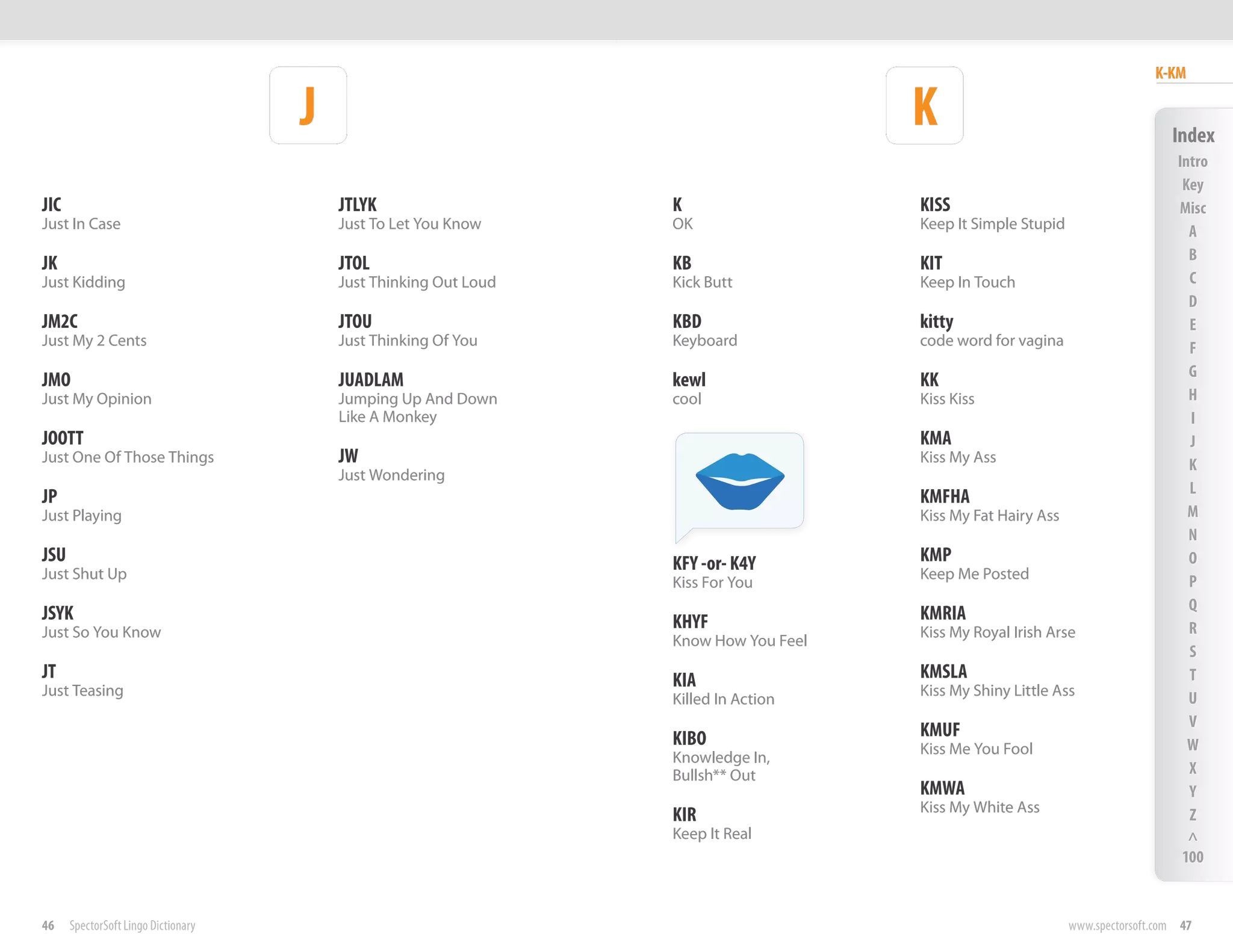 K-KM

                                     J                                                K                                         Index
                                                                                                                                 Intro
                                                                                                                                  Key
JIC                                      JTLYK                    K                   KISS                                       Misc
Just In Case                             Just To Let You Know     OK                  Keep It Simple Stupid                        A
                                                                                                                                   B
JK                                       JTOL                     KB                  KIT
Just Kidding                             Just Thinking Out Loud   Kick Butt           Keep In Touch                                C
                                                                                                                                   D
JM2C                                     JTOU                     KBD                 kitty                                        E
Just My 2 Cents                          Just Thinking Of You     Keyboard            code word for vagina                         F
                                                                                                                                   G
JMO                                      JUADLAM                  kewl                KK
Just My Opinion                          Jumping Up And Down      cool                Kiss Kiss                                    H
                                         Like A Monkey                                                                             I
JOOTT                                                                                 KMA                                          J
Just One Of Those Things                 JW                                           Kiss My Ass                                  K
                                         Just Wondering
                                                                                                                                   L
JP                                                                                    KMFHA
Just Playing                                                                          Kiss My Fat Hairy Ass                        M
                                                                                                                                   N
JSU                                                               KFY -or- K4Y        KMP                                          O
Just Shut Up                                                                          Keep Me Posted                               P
                                                                  Kiss For You
                                                                                                                                   Q
JSYK                                                              KHYF                KMRIA
Just So You Know                                                                      Kiss My Royal Irish Arse                     R
                                                                  Know How You Feel
                                                                                                                                   S
JT                                                                KIA                 KMSLA                                        T
Just Teasing                                                                          Kiss My Shiny Little Ass                     U
                                                                  Killed In Action
                                                                                                                                   V
                                                                  KIBO                KMUF
                                                                                      Kiss Me You Fool                             W
                                                                  Knowledge In,
                                                                  Bullsh** Out                                                     X
                                                                                      KMWA                                         Y
                                                                                      Kiss My White Ass
                                                                  KIR                                                              Z
                                                                  Keep It Real                                                     ^
                                                                                                                                  100


46    SpectorSoft Lingo Dictionary                                                                            www.spectorsoft.com 47
 