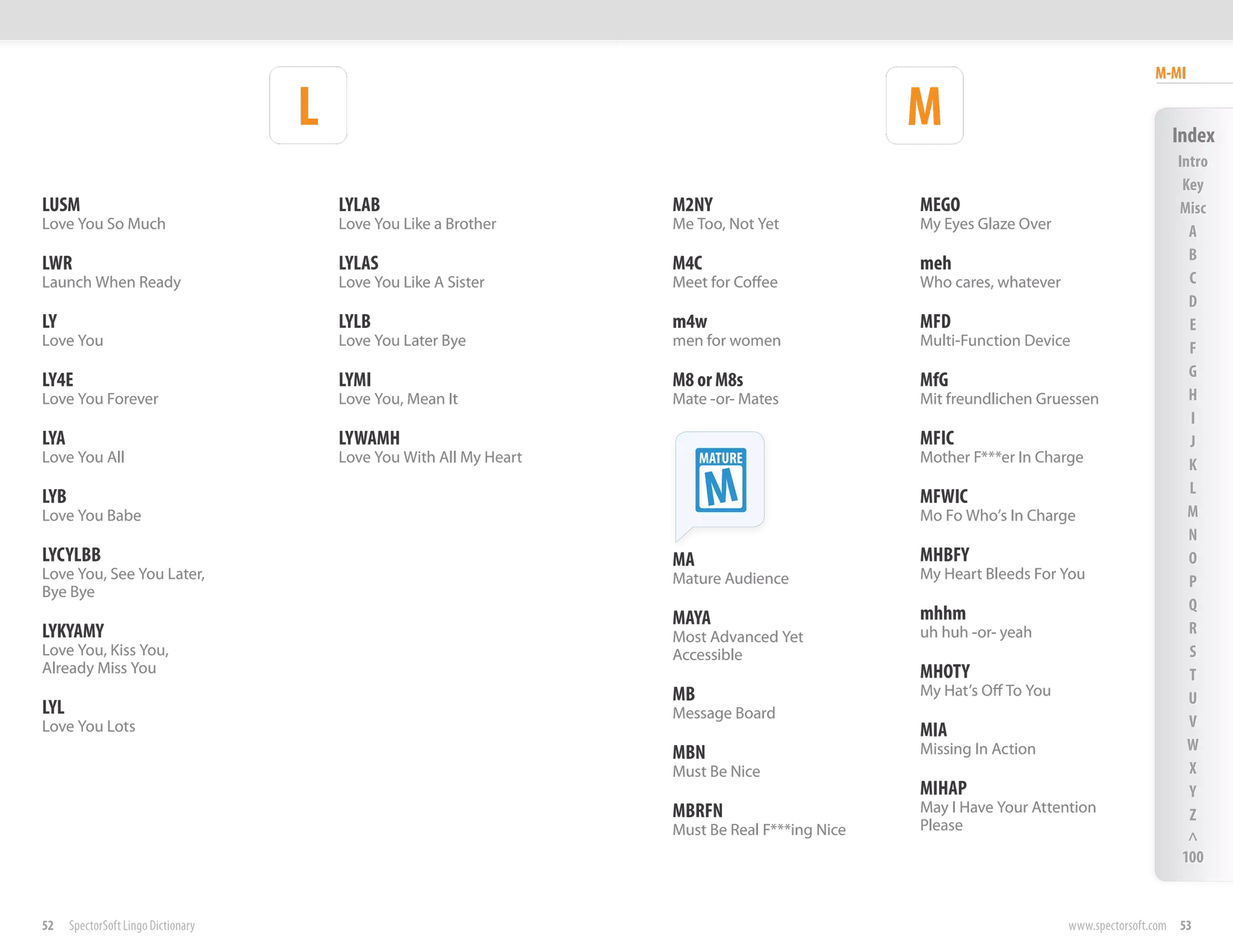 M-MI

                                     L                                                            M                                       Index
                                                                                                                                           Intro
                                                                                                                                            Key
LUSM                                     LYLAB                        M2NY                        MEGO                                     Misc
Love You So Much                         Love You Like a Brother      Me Too, Not Yet             My Eyes Glaze Over                         A
                                                                                                                                             B
LWR                                      LYLAS                        M4C                         meh
Launch When Ready                        Love You Like A Sister       Meet for Coffee             Who cares, whatever                        C
                                                                                                                                             D
LY                                       LYLB                         m4w                         MFD                                        E
Love You                                 Love You Later Bye           men for women               Multi-Function Device                      F
                                                                                                                                             G
LY4E                                     LYMI                         M8 or M8s                   MfG
Love You Forever                         Love You, Mean It            Mate -or- Mates             Mit freundlichen Gruessen                  H
                                                                                                                                             I
LYA                                      LYWAMH                                                   MFIC                                       J
Love You All                             Love You With All My Heart        MATURE                 Mother F***er In Charge                    K
LYB
Love You Babe
                                                                            M                     MFWIC
                                                                                                  Mo Fo Who’s In Charge
                                                                                                                                             L
                                                                                                                                             M
                                                                                                                                             N
LYCYLBB                                                               MA                          MHBFY                                      O
Love You, See You Later,                                              Mature Audience             My Heart Bleeds For You                    P
Bye Bye
                                                                                                                                             Q
                                                                      MAYA                        mhhm
LYKYAMY                                                               Most Advanced Yet           uh huh -or- yeah                           R
Love You, Kiss You,                                                   Accessible                                                             S
Already Miss You                                                                                  MHOTY                                      T
                                                                      MB                          My Hat’s Off To You                        U
LYL                                                                   Message Board
Love You Lots                                                                                                                                V
                                                                                                  MIA
                                                                      MBN                         Missing In Action                          W
                                                                      Must Be Nice                                                           X
                                                                                                  MIHAP                                      Y
                                                                      MBRFN                       May I Have Your Attention                  Z
                                                                      Must Be Real F***ing Nice   Please
                                                                                                                                             ^
                                                                                                                                            100


52    SpectorSoft Lingo Dictionary                                                                                      www.spectorsoft.com 53
 