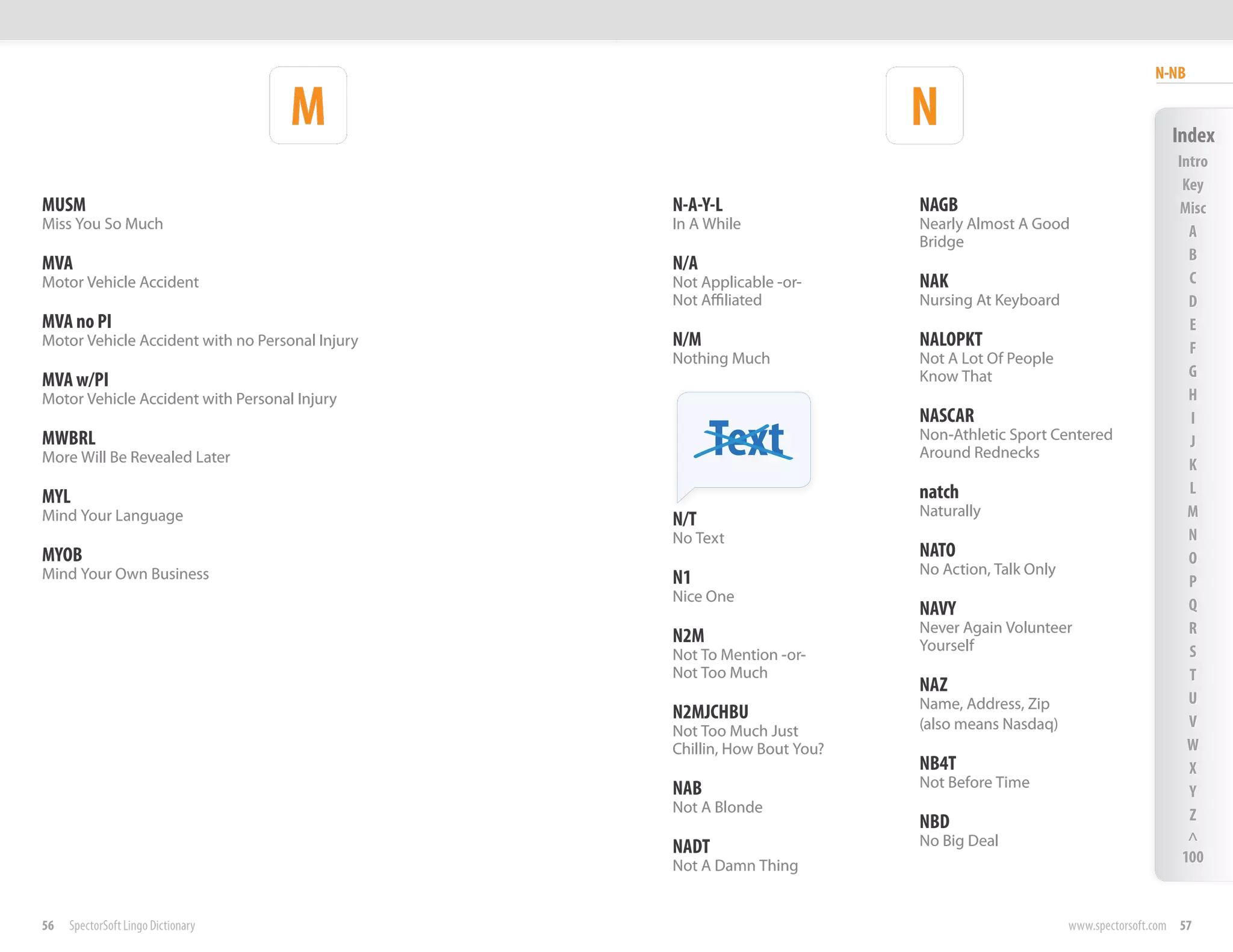 N-NB

                                    M                                     N                                        Index
                                                                                                                    Intro
                                                                                                                     Key
MUSM                                             N-A-Y-L                  NAGB                                      Misc
Miss You So Much                                 In A While               Nearly Almost A Good                        A
                                                                          Bridge
                                                                                                                      B
MVA                                              N/A
Motor Vehicle Accident                           Not Applicable -or-      NAK                                         C
                                                 Not Affiliated           Nursing At Keyboard                         D
MVA no PI                                                                                                             E
Motor Vehicle Accident with no Personal Injury   N/M                      NALOPKT                                     F
                                                 Nothing Much             Not A Lot Of People
                                                                          Know That                                   G
MVA w/PI
Motor Vehicle Accident with Personal Injury                                                                           H
                                                                          NASCAR
                                                       Text
                                                                                                                      I
MWBRL                                                                     Non-Athletic Sport Centered                 J
More Will Be Revealed Later                                               Around Rednecks
                                                                                                                      K
                                                                          natch                                       L
MYL
Mind Your Language                                                        Naturally                                   M
                                                 N/T
                                                 No Text                                                              N
MYOB                                                                      NATO                                        O
Mind Your Own Business                                                    No Action, Talk Only
                                                 N1                                                                   P
                                                 Nice One
                                                                          NAVY                                        Q
                                                                          Never Again Volunteer                       R
                                                 N2M                      Yourself
                                                 Not To Mention -or-                                                  S
                                                 Not Too Much                                                         T
                                                                          NAZ
                                                                          Name, Address, Zip                          U
                                                 N2MJCHBU                                                             V
                                                 Not Too Much Just        (also means Nasdaq)
                                                 Chillin, How Bout You?                                               W
                                                                          NB4T                                        X
                                                 NAB                      Not Before Time
                                                                                                                      Y
                                                 Not A Blonde                                                         Z
                                                                          NBD
                                                                          No Big Deal                                 ^
                                                 NADT                                                                100
                                                 Not A Damn Thing


56   SpectorSoft Lingo Dictionary                                                                www.spectorsoft.com 57
 
