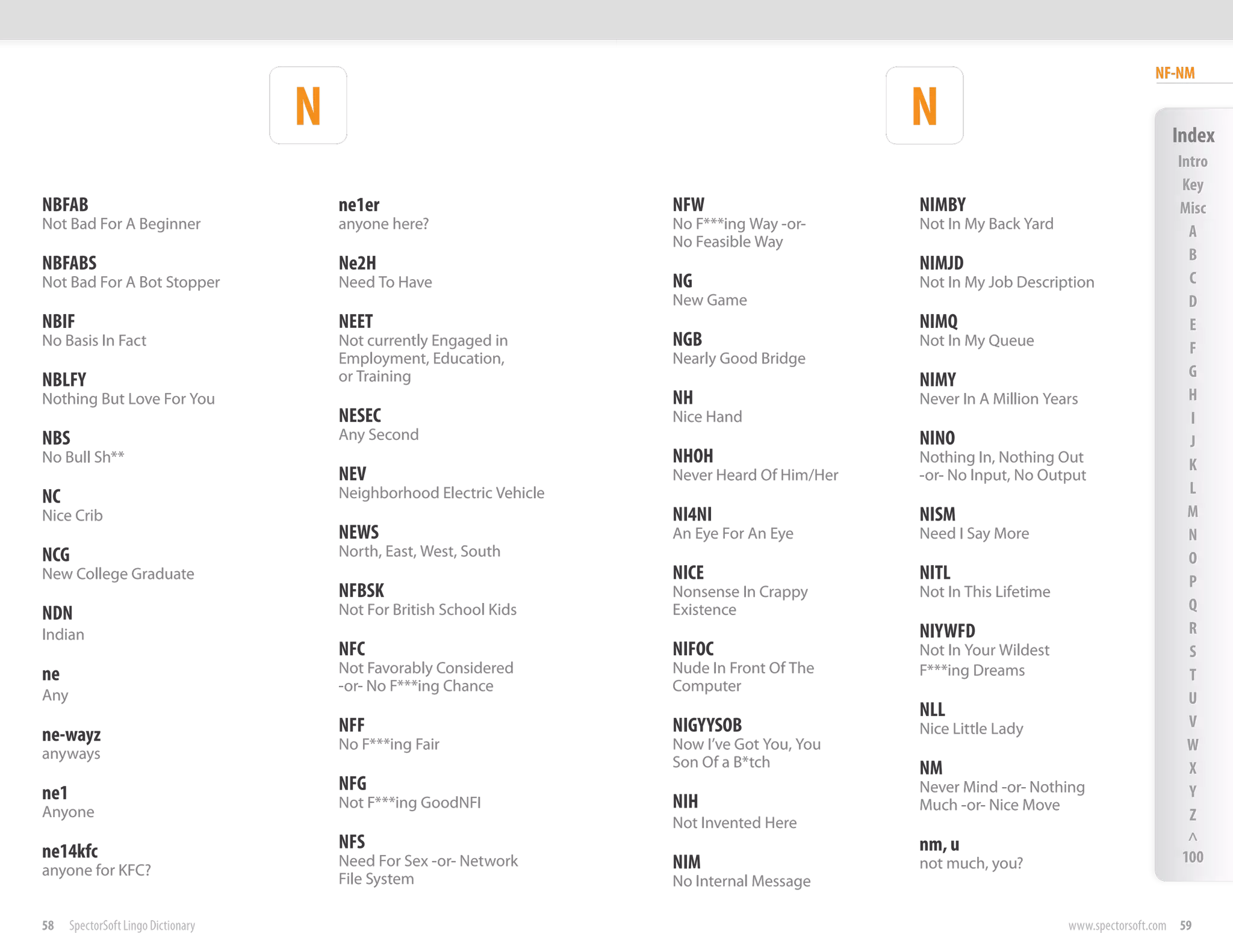 NF-NM

                                     N                                                            N                                        Index
                                                                                                                                            Intro
                                                                                                                                             Key
NBFAB                                    ne1er                           NFW                      NIMBY                                     Misc
Not Bad For A Beginner                   anyone here?                    No F***ing Way -or-      Not In My Back Yard                         A
                                                                         No Feasible Way
                                                                                                                                              B
NBFABS                                   Ne2H                                                     NIMJD
Not Bad For A Bot Stopper                Need To Have                    NG                       Not In My Job Description                   C
                                                                         New Game                                                             D
NBIF                                     NEET                                                     NIMQ                                        E
No Basis In Fact                         Not currently Engaged in        NGB                      Not In My Queue                             F
                                         Employment, Education,          Nearly Good Bridge
                                         or Training                                                                                          G
NBLFY                                                                                             NIMY
Nothing But Love For You                                                 NH                       Never In A Million Years                    H
                                         NESEC                           Nice Hand                                                            I
NBS                                      Any Second                                               NINO                                        J
No Bull Sh**                                                             NHOH                     Nothing In, Nothing Out                     K
                                         NEV                             Never Heard Of Him/Her   -or- No Input, No Output
                                         Neighborhood Electric Vehicle                                                                        L
NC
Nice Crib                                                                NI4NI                    NISM                                        M
                                         NEWS                            An Eye For An Eye        Need I Say More                             N
NCG                                      North, East, West, South                                                                             O
New College Graduate                                                     NICE                     NITL                                        P
                                         NFBSK                           Nonsense In Crappy       Not In This Lifetime
                                         Not For British School Kids     Existence                                                            Q
NDN
Indian                                                                                            NIYWFD                                      R
                                         NFC                             NIFOC                    Not In Your Wildest                         S
ne                                       Not Favorably Considered        Nude In Front Of The     F***ing Dreams                              T
                                         -or- No F***ing Chance          Computer
Any                                                                                                                                           U
                                                                                                  NLL
                                         NFF                             NIGYYSOB                 Nice Little Lady                            V
ne-wayz                                  No F***ing Fair                 Now I’ve Got You, You                                                W
anyways
                                                                         Son Of a B*tch           NM                                          X
ne1                                      NFG                                                      Never Mind -or- Nothing                     Y
Anyone
                                         Not F***ing GoodNFI             NIH                      Much -or- Nice Move
                                                                         Not Invented Here                                                    Z
                                         NFS                                                      nm, u                                       ^
ne14kfc                                                                                                                                      100
anyone for KFC?
                                         Need For Sex -or- Network       NIM                      not much, you?
                                         File System                     No Internal Message

58    SpectorSoft Lingo Dictionary                                                                                       www.spectorsoft.com 59
 