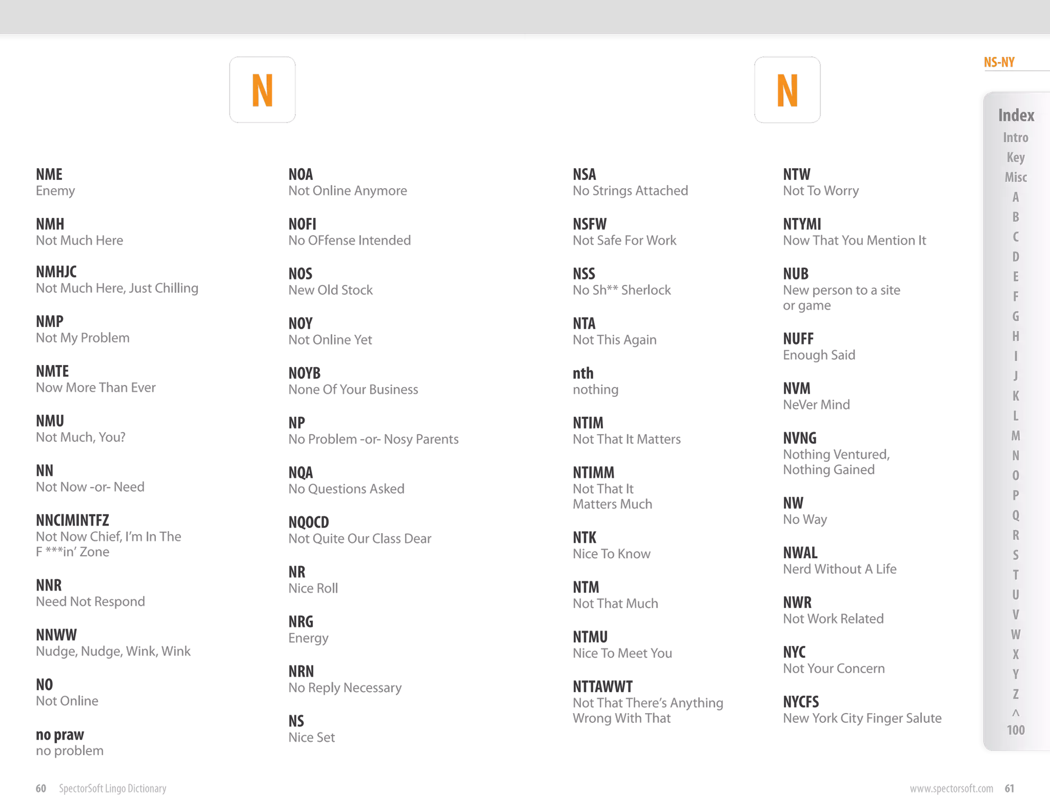 NS-NY

                                    N                                                              N                                        Index
                                                                                                                                             Intro
                                                                                                                                              Key
NME                                     NOA                            NSA                         NTW                                       Misc
Enemy                                   Not Online Anymore             No Strings Attached         Not To Worry                                A
                                                                                                                                               B
NMH                                     NOFI                           NSFW                        NTYMI
Not Much Here                           No OFfense Intended            Not Safe For Work           Now That You Mention It                     C
                                                                                                                                               D
NMHJC                                   NOS                            NSS                         NUB                                         E
Not Much Here, Just Chilling            New Old Stock                  No Sh** Sherlock            New person to a site                        F
                                                                                                   or game
NMP                                                                                                                                            G
                                        NOY                            NTA
Not My Problem                          Not Online Yet                 Not This Again              NUFF                                        H
                                                                                                   Enough Said                                 I
NMTE                                    NOYB                           nth                                                                     J
Now More Than Ever                      None Of Your Business          nothing                     NVM                                         K
                                                                                                   NeVer Mind
NMU                                                                                                                                            L
                                        NP                             NTIM
Not Much, You?                          No Problem -or- Nosy Parents   Not That It Matters         NVNG                                        M
                                                                                                   Nothing Ventured,                           N
NN                                      NQA                            NTIMM                       Nothing Gained                              O
Not Now -or- Need                       No Questions Asked             Not That It                                                             P
                                                                       Matters Much                NW
NNCIMINTFZ                                                                                         No Way                                      Q
                                        NQOCD
Not Now Chief, I’m In The               Not Quite Our Class Dear       NTK                                                                     R
F ***in’ Zone                                                          Nice To Know                NWAL                                        S
                                        NR                                                         Nerd Without A Life                         T
NNR                                     Nice Roll                      NTM                                                                     U
Need Not Respond                                                       Not That Much               NWR
                                                                                                   Not Work Related                            V
                                        NRG
NNWW                                    Energy                         NTMU                                                                    W
Nudge, Nudge, Wink, Wink                                               Nice To Meet You            NYC                                         X
                                        NRN                                                        Not Your Concern                            Y
NO                                      No Reply Necessary             NTTAWWT                                                                 Z
Not Online                                                             Not That There’s Anything   NYCFS
                                                                       Wrong With That             New York City Finger Salute                 ^
                                        NS                                                                                                    100
no praw                                 Nice Set
no problem

60   SpectorSoft Lingo Dictionary                                                                                         www.spectorsoft.com 61
 