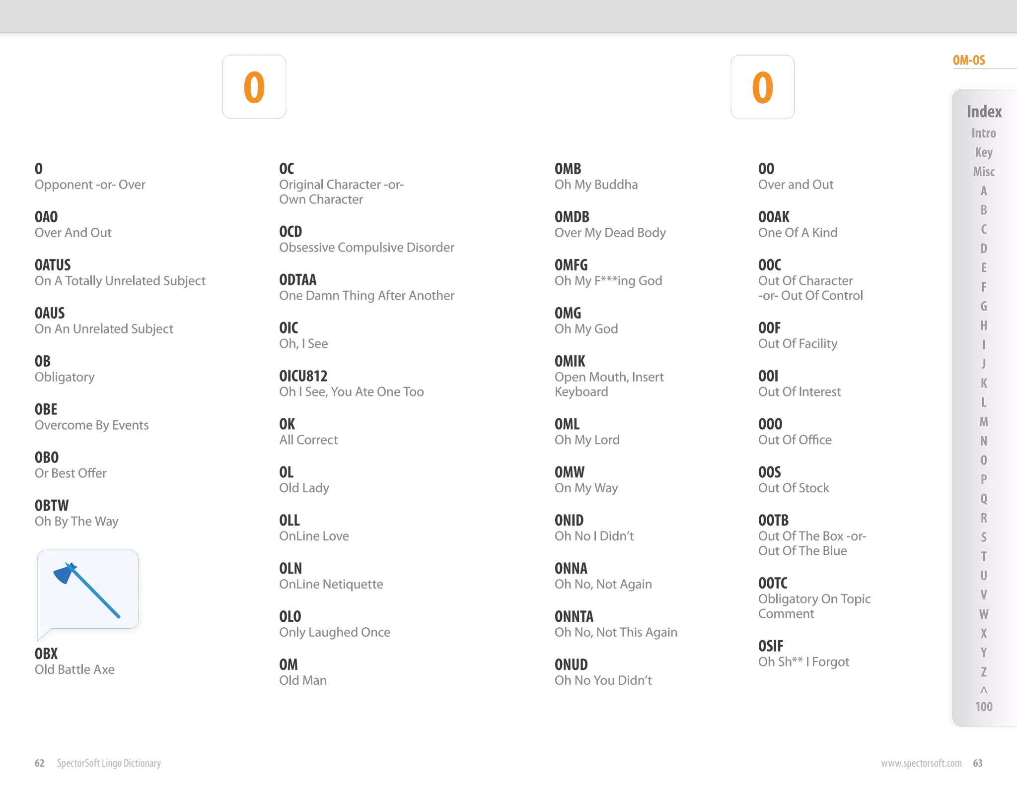 OM-OS

                                    O                                                           O                                       Index
                                                                                                                                         Intro
                                                                                                                                          Key
O                                       OC                              OMB                     OO                                       Misc
Opponent -or- Over                      Original Character -or-         Oh My Buddha            Over and Out                               A
                                        Own Character
                                                                                                                                           B
OAO                                                                     OMDB                    OOAK
Over And Out                            OCD                             Over My Dead Body       One Of A Kind                              C
                                        Obsessive Compulsive Disorder                                                                      D
OATUS                                                                   OMFG                    OOC                                        E
On A Totally Unrelated Subject          ODTAA                           Oh My F***ing God       Out Of Character                           F
                                        One Damn Thing After Another                            -or- Out Of Control
                                                                                                                                           G
OAUS                                                                    OMG
On An Unrelated Subject                 OIC                             Oh My God               OOF                                        H
                                        Oh, I See                                               Out Of Facility                            I
OB                                                                      OMIK                                                               J
Obligatory                              OICU812                         Open Mouth, Insert      OOI                                        K
                                        Oh I See, You Ate One Too       Keyboard                Out Of Interest
                                                                                                                                           L
OBE
Overcome By Events                      OK                              OML                     OOO                                        M
                                        All Correct                     Oh My Lord              Out Of Office                              N
OBO                                                                                                                                        O
Or Best Offer                           OL                              OMW                     OOS                                        P
                                        Old Lady                        On My Way               Out Of Stock
                                                                                                                                           Q
OBTW
Oh By The Way                           OLL                             ONID                    OOTB                                       R
                                        OnLine Love                     Oh No I Didn’t          Out Of The Box -or-                        S
                                                                                                Out Of The Blue                            T
                                        OLN                             ONNA                                                               U
                                        OnLine Netiquette               Oh No, Not Again        OOTC
                                                                                                Obligatory On Topic                        V
                                        OLO                             ONNTA                   Comment                                    W
                                        Only Laughed Once               Oh No, Not This Again                                              X
OBX                                                                                             OSIF                                       Y
                                        OM                              ONUD                    Oh Sh** I Forgot
Old Battle Axe                                                                                                                             Z
                                        Old Man                         Oh No You Didn’t
                                                                                                                                           ^
                                                                                                                                          100


62   SpectorSoft Lingo Dictionary                                                                                     www.spectorsoft.com 63
 