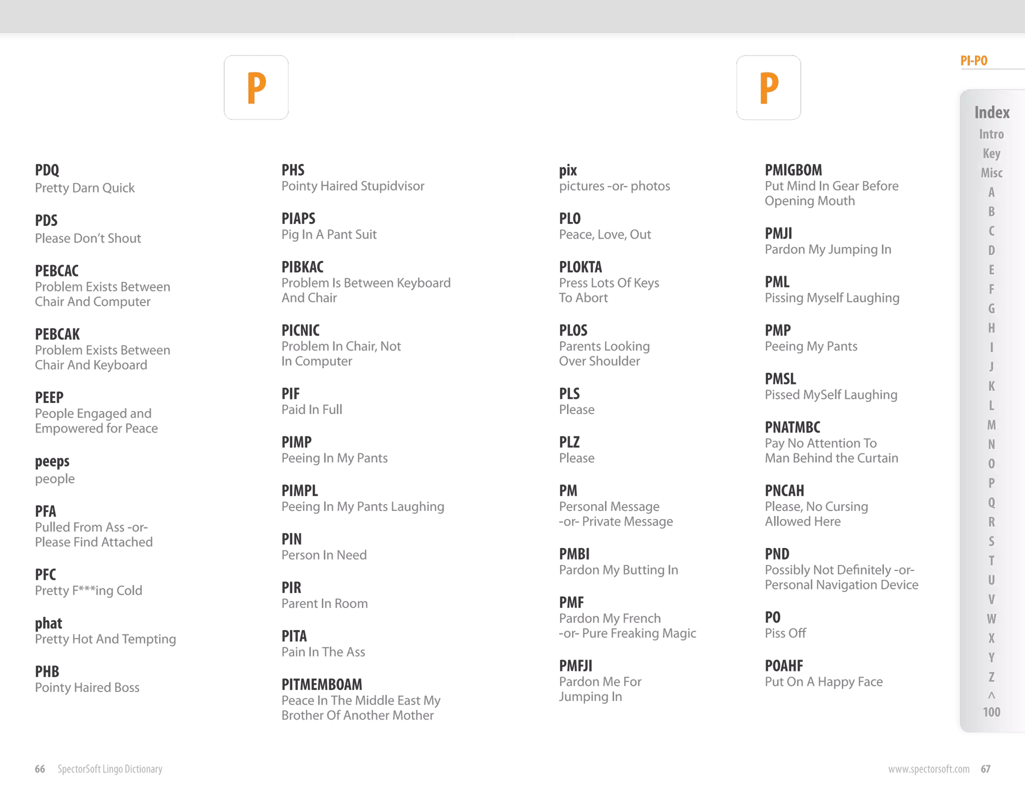 PI-PO

                                     P                                                            P                                       Index
                                                                                                                                           Intro
                                                                                                                                            Key
PDQ                                      PHS                           pix                        PMIGBOM                                  Misc
Pretty Darn Quick                        Pointy Haired Stupidvisor     pictures -or- photos       Put Mind In Gear Before                    A
                                                                                                  Opening Mouth
                                                                                                                                             B
PDS                                      PIAPS                         PLO
Please Don’t Shout                       Pig In A Pant Suit            Peace, Love, Out           PMJI                                       C
                                                                                                  Pardon My Jumping In                       D
PEBCAC                                   PIBKAC                        PLOKTA                                                                E
Problem Exists Between                   Problem Is Between Keyboard   Press Lots Of Keys         PML                                        F
Chair And Computer                       And Chair                     To Abort                   Pissing Myself Laughing
                                                                                                                                             G
PEBCAK                                   PICNIC                        PLOS                       PMP                                        H
Problem Exists Between                   Problem In Chair, Not         Parents Looking            Peeing My Pants                            I
Chair And Keyboard                       In Computer                   Over Shoulder                                                         J
                                                                                                  PMSL                                       K
PEEP                                     PIF                           PLS                        Pissed MySelf Laughing
                                         Paid In Full                  Please                                                                L
People Engaged and
Empowered for Peace                                                                               PNATMBC                                    M
                                         PIMP                          PLZ                        Pay No Attention To                        N
peeps                                    Peeing In My Pants            Please                     Man Behind the Curtain                     O
people                                                                                                                                       P
                                         PIMPL                         PM                         PNCAH
                                         Peeing In My Pants Laughing   Personal Message           Please, No Cursing                         Q
PFA
Pulled From Ass -or-                                                   -or- Private Message       Allowed Here                               R
Please Find Attached                     PIN                                                                                                 S
                                         Person In Need                PMBI                       PND                                        T
PFC                                                                    Pardon My Butting In       Possibly Not Definitely -or-
                                                                                                  Personal Navigation Device                 U
Pretty F***ing Cold                      PIR
                                         Parent In Room                PMF                                                                   V
phat                                                                   Pardon My French           PO                                         W
Pretty Hot And Tempting                  PITA                          -or- Pure Freaking Magic   Piss Off                                   X
                                         Pain In The Ass                                                                                     Y
PHB                                                                    PMFJI                      POAHF
                                                                       Pardon Me For              Put On A Happy Face                        Z
Pointy Haired Boss                       PITMEMBOAM
                                         Peace In The Middle East My   Jumping In                                                            ^
                                         Brother Of Another Mother                                                                          100


66    SpectorSoft Lingo Dictionary                                                                                      www.spectorsoft.com 67
 