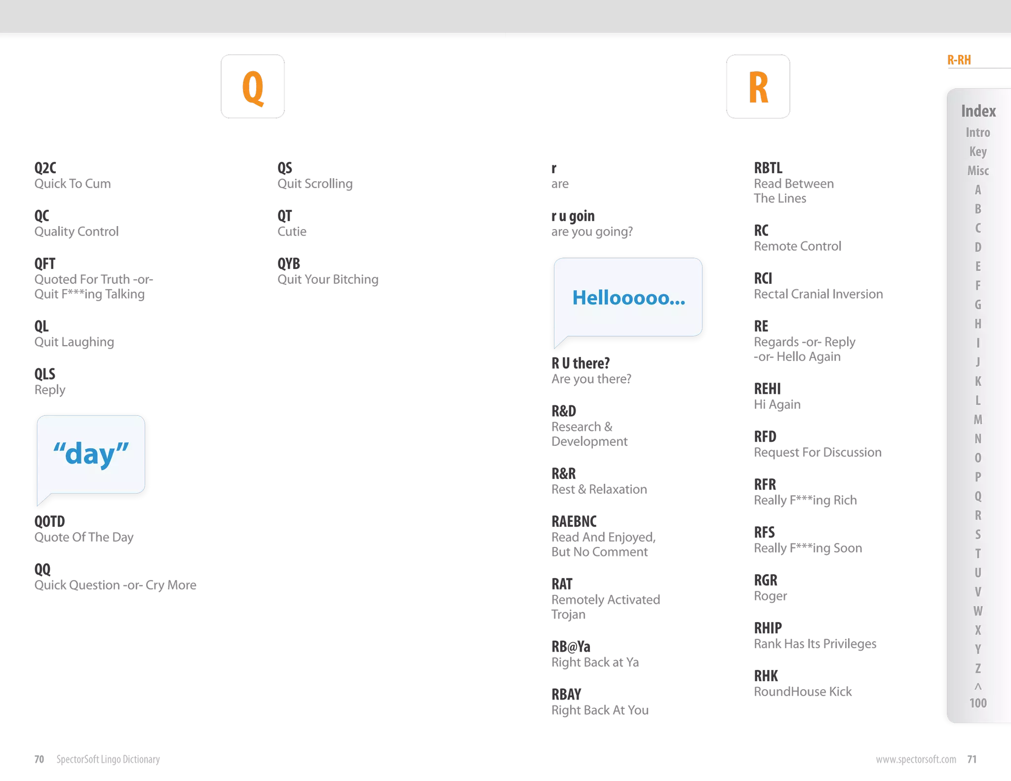R-RH

                                     Q                                             R                                       Index
                                                                                                                            Intro
                                                                                                                             Key
Q2C                                      QS                   r                    RBTL                                     Misc
Quick To Cum                             Quit Scrolling       are                  Read Between                               A
                                                                                   The Lines
                                                                                                                              B
QC                                       QT                   r u goin
Quality Control                          Cutie                are you going?       RC                                         C
                                                                                   Remote Control                             D
QFT                                      QYB                                                                                  E
Quoted For Truth -or-                    Quit Your Bitching                        RCI                                        F
Quit F***ing Talking                                                Hellooooo...   Rectal Cranial Inversion
                                                                                                                              G
QL                                                                                 RE                                         H
Quit Laughing                                                                      Regards -or- Reply                         I
                                                                                   -or- Hello Again
                                                              R U there?                                                      J
QLS                                                           Are you there?                                                  K
Reply                                                                              REHI
                                                                                   Hi Again                                   L
                                                              R&D                                                             M
                                                              Research &
                                                              Development          RFD                                        N
     “day”                                                    R&R
                                                                                   Request For Discussion                     O
                                                                                                                              P
                                                              Rest & Relaxation    RFR
                                                                                   Really F***ing Rich                        Q
QOTD                                                          RAEBNC                                                          R
Quote Of The Day                                              Read And Enjoyed,    RFS                                        S
                                                              But No Comment       Really F***ing Soon                        T
QQ                                                                                                                            U
Quick Question -or- Cry More                                  RAT                  RGR
                                                                                   Roger                                      V
                                                              Remotely Activated
                                                              Trojan                                                          W
                                                                                   RHIP                                       X
                                                              RB@Ya                Rank Has Its Privileges                    Y
                                                              Right Back at Ya                                                Z
                                                                                   RHK
                                                                                   RoundHouse Kick                            ^
                                                              RBAY                                                           100
                                                              Right Back At You


70    SpectorSoft Lingo Dictionary                                                                       www.spectorsoft.com 71
 