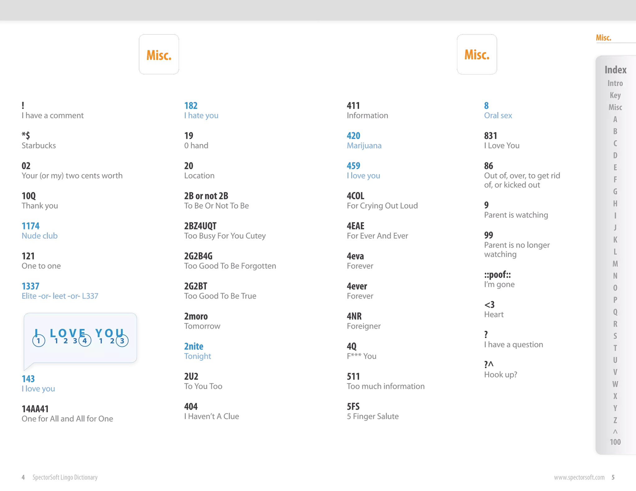 Misc.

                                            Misc.                                                     Misc.
                                                                                                                                                Index
                                                                                                                                                 Intro
                                                                                                                                                  Key
!                                                   182                        411                       8                                       Misc
I have a comment                                    I hate you                 Information               Oral sex                                  A
                                                                                                                                                   B
*$                                                  19                         420                       831
Starbucks                                           0 hand                     Marijuana                 I Love You                                C
                                                                                                                                                   D
02                                                  20                         459                       86                                        E
Your (or my) two cents worth                        Location                   I love you                Out of, over, to get rid                  F
                                                                                                         of, or kicked out
                                                                                                                                                   G
10Q                                                 2B or not 2B               4COL
Thank you                                           To Be Or Not To Be         For Crying Out Loud       9                                         H
                                                                                                         Parent is watching                        I
1174                                                2BZ4UQT                    4EAE                                                                J
Nude club                                           Too Busy For You Cutey     For Ever And Ever         99                                        K
                                                                                                         Parent is no longer
                                                                                                         watching                                  L
121                                                 2G2B4G                     4eva
One to one                                          Too Good To Be Forgotten   Forever                                                             M
                                                                                                         ::poof::                                  N
1337                                                2G2BT                      4ever                     I’m gone                                  O
Elite -or- leet -or- L337                           Too Good To Be True        Forever                                                             P
                                                                                                         <3
                                                                                                         Heart                                     Q
                                                    2moro                      4NR
                                                    Tomorrow                   Foreigner                                                           R
     I LOVE YOU                                                                                          ?                                         S
      1       1 2 3 4               1 2 3                                                                I have a question
                                                    2nite                      4Q                                                                  T
                                                    Tonight                    F*** You                                                            U
                                                                                                         ?^
                                                                                                         Hook up?                                  V
143                                                 2U2                        511
I love you                                          To You Too                 Too much information                                                W
                                                                                                                                                   X
14AA41                                              404                        5FS                                                                 Y
One for All and All for One                         I Haven’t A Clue           5 Finger Salute                                                     Z
                                                                                                                                                   ^
                                                                                                                                                  100


4    SpectorSoft Lingo Dictionary                                                                                              www.spectorsoft.com 5
 