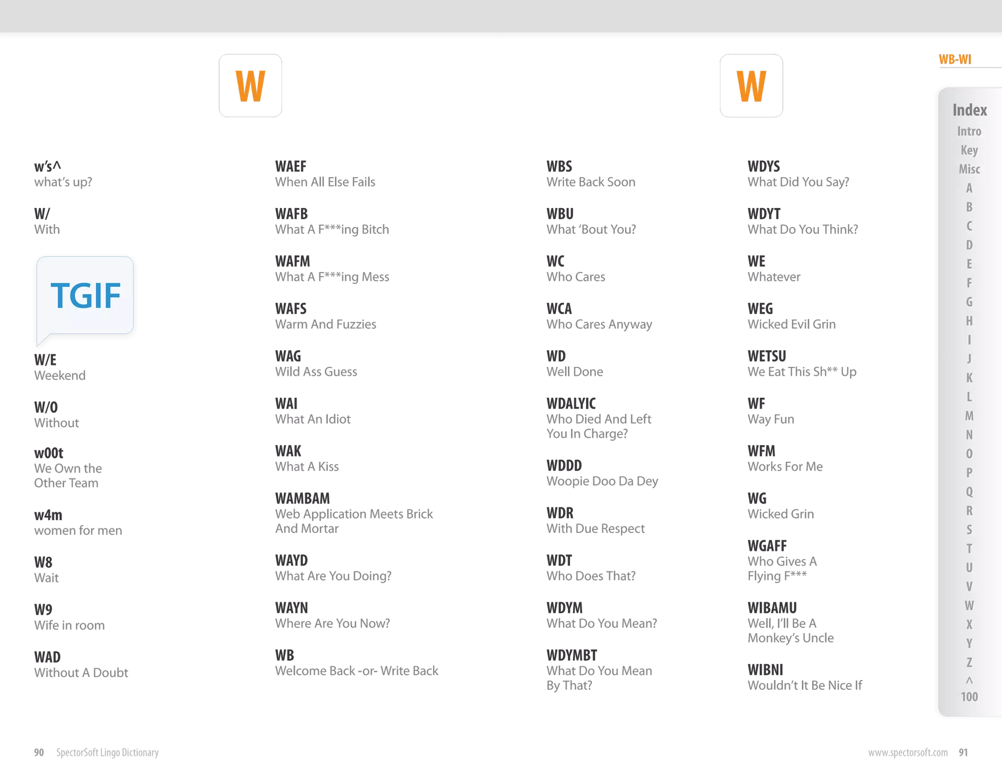 WB-WI

                                     W                                                      W                                          Index
                                                                                                                                        Intro
                                                                                                                                         Key
w’s^                                     WAEF                           WBS                 WDYS                                        Misc
what’s up?                               When All Else Fails            Write Back Soon     What Did You Say?                             A
                                                                                                                                          B
W/                                       WAFB                           WBU                 WDYT
With                                     What A F***ing Bitch           What ‘Bout You?     What Do You Think?                            C
                                                                                                                                          D
                                         WAFM                           WC                  WE                                            E
                                         What A F***ing Mess            Who Cares           Whatever

     TGIF
                                                                                                                                          F
                                                                                                                                          G
                                         WAFS                           WCA                 WEG
                                         Warm And Fuzzies               Who Cares Anyway    Wicked Evil Grin                              H
                                                                                                                                          I
W/E                                      WAG                            WD                  WETSU                                         J
Weekend                                  Wild Ass Guess                 Well Done           We Eat This Sh** Up                           K
                                                                                                                                          L
W/O                                      WAI                            WDALYIC             WF
Without                                  What An Idiot                  Who Died And Left   Way Fun                                       M
                                                                        You In Charge?                                                    N
w00t                                     WAK                                                WFM                                           O
We Own the                               What A Kiss                    WDDD                Works For Me                                  P
Other Team                                                              Woopie Doo Da Dey
                                                                                                                                          Q
                                         WAMBAM                                             WG
w4m                                      Web Application Meets Brick    WDR                 Wicked Grin                                   R
women for men                            And Mortar                     With Due Respect                                                  S
                                                                                            WGAFF                                         T
W8                                       WAYD                           WDT                 Who Gives A                                   U
Wait                                     What Are You Doing?            Who Does That?      Flying F***
                                                                                                                                          V
W9                                       WAYN                           WDYM                WIBAMU                                        W
Wife in room                             Where Are You Now?             What Do You Mean?   Well, I’ll Be A                               X
                                                                                            Monkey’s Uncle                                Y
WAD                                      WB                             WDYMBT                                                            Z
Without A Doubt                          Welcome Back -or- Write Back   What Do You Mean    WIBNI
                                                                        By That?            Wouldn’t It Be Nice If                        ^
                                                                                                                                         100


90    SpectorSoft Lingo Dictionary                                                                                   www.spectorsoft.com 91
 