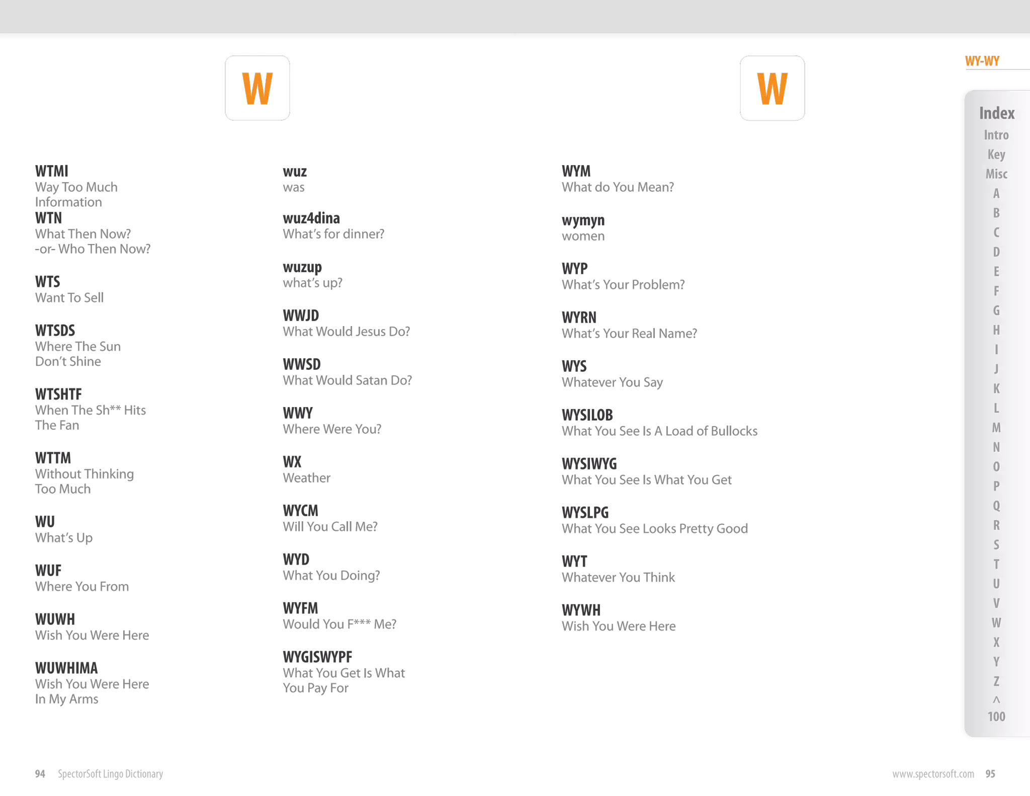 WY-WY

                                    W                                                           W                     Index
                                                                                                                       Intro
                                                                                                                        Key
WTMI                                    wuz                    WYM                                                     Misc
Way Too Much                            was                    What do You Mean?                                         A
Information
WTN                                     wuz4dina                                                                         B
                                                               wymyn
What Then Now?                          What’s for dinner?     women                                                     C
-or- Who Then Now?                                                                                                       D
                                        wuzup                  WYP                                                       E
WTS                                     what’s up?             What’s Your Problem?
Want To Sell                                                                                                             F
                                        WWJD                                                                             G
                                                               WYRN
WTSDS                                   What Would Jesus Do?   What’s Your Real Name?                                    H
Where The Sun                                                                                                            I
Don’t Shine                             WWSD                   WYS                                                       J
                                        What Would Satan Do?   Whatever You Say
WTSHTF                                                                                                                   K
When The Sh** Hits                      WWY                                                                              L
                                                               WYSILOB
The Fan                                 Where Were You?        What You See Is A Load of Bullocks                        M
                                                                                                                         N
WTTM                                    WX                     WYSIWYG                                                   O
Without Thinking                        Weather                What You See Is What You Get
Too Much                                                                                                                 P
                                        WYCM                                                                             Q
                                                               WYSLPG
WU                                      Will You Call Me?      What You See Looks Pretty Good                            R
What’s Up
                                                                                                                         S
                                        WYD                    WYT                                                       T
WUF                                     What You Doing?        Whatever You Think
Where You From                                                                                                           U
                                        WYFM                                                                             V
                                                               WYWH
WUWH                                    Would You F*** Me?     Wish You Were Here                                        W
Wish You Were Here
                                                                                                                         X
                                        WYGISWYPF                                                                        Y
WUWHIMA                                 What You Get Is What
Wish You Were Here                      You Pay For                                                                      Z
In My Arms                                                                                                               ^
                                                                                                                        100


94   SpectorSoft Lingo Dictionary                                                                   www.spectorsoft.com 95
 