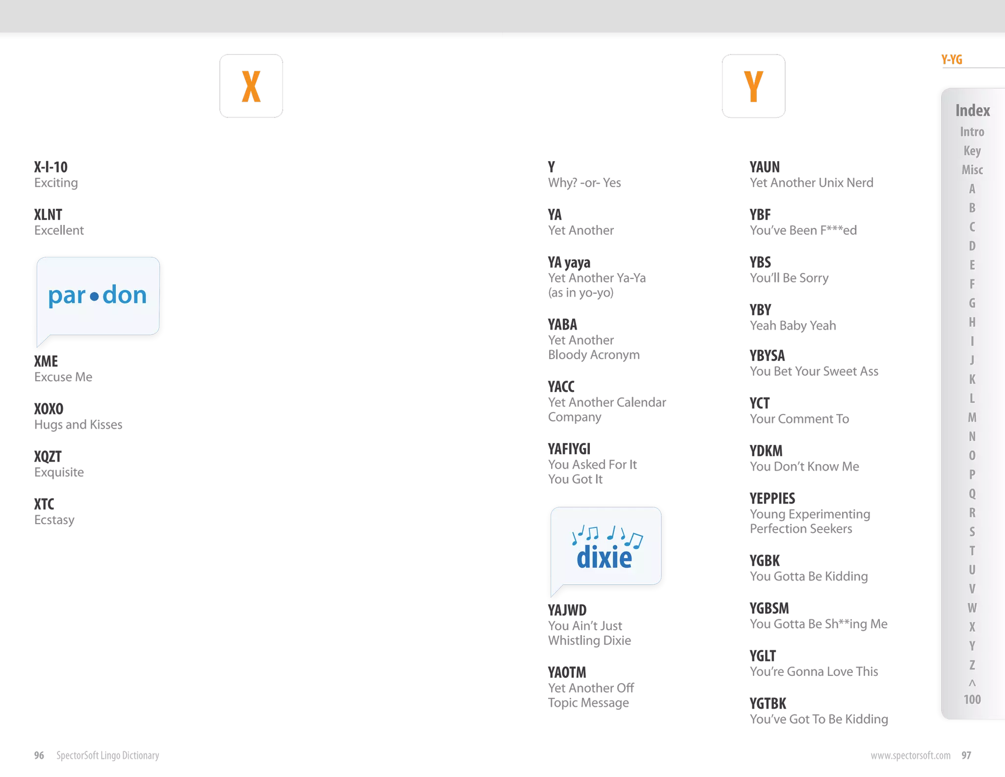 Y-YG

                                     X                          Y                                        Index
                                                                                                          Intro
                                                                                                           Key
X-I-10                                   Y                      YAUN                                      Misc
Exciting                                 Why? -or- Yes          Yet Another Unix Nerd                       A
                                                                                                            B
XLNT                                     YA                     YBF
Excellent                                Yet Another            You’ve Been F***ed                          C
                                                                                                            D
                                         YA yaya                YBS                                         E
                                         Yet Another Ya-Ya      You’ll Be Sorry                             F
     par don                             (as in yo-yo)
                                                                YBY                                         G
                                         YABA                   Yeah Baby Yeah                              H
                                         Yet Another                                                        I
XME                                      Bloody Acronym         YBYSA                                       J
Excuse Me                                                       You Bet Your Sweet Ass
                                                                                                            K
                                         YACC
                                         Yet Another Calendar   YCT                                         L
XOXO                                     Company                                                            M
Hugs and Kisses                                                 Your Comment To
                                                                                                            N
XQZT                                     YAFIYGI                YDKM                                        O
                                         You Asked For It       You Don’t Know Me
Exquisite                                                                                                   P
                                         You Got It
                                                                YEPPIES                                     Q
XTC                                                                                                         R
Ecstasy                                                         Young Experimenting
                                                                Perfection Seekers                          S

                                                dixie           YGBK
                                                                You Gotta Be Kidding
                                                                                                            T
                                                                                                            U
                                                                                                            V
                                         YAJWD                  YGBSM                                       W
                                         You Ain’t Just         You Gotta Be Sh**ing Me                     X
                                         Whistling Dixie                                                    Y
                                                                YGLT
                                                                                                            Z
                                         YAOTM                  You’re Gonna Love This
                                         Yet Another Off                                                    ^
                                         Topic Message          YGTBK                                      100
                                                                You’ve Got To Be Kidding

96    SpectorSoft Lingo Dictionary                                                     www.spectorsoft.com 97
 