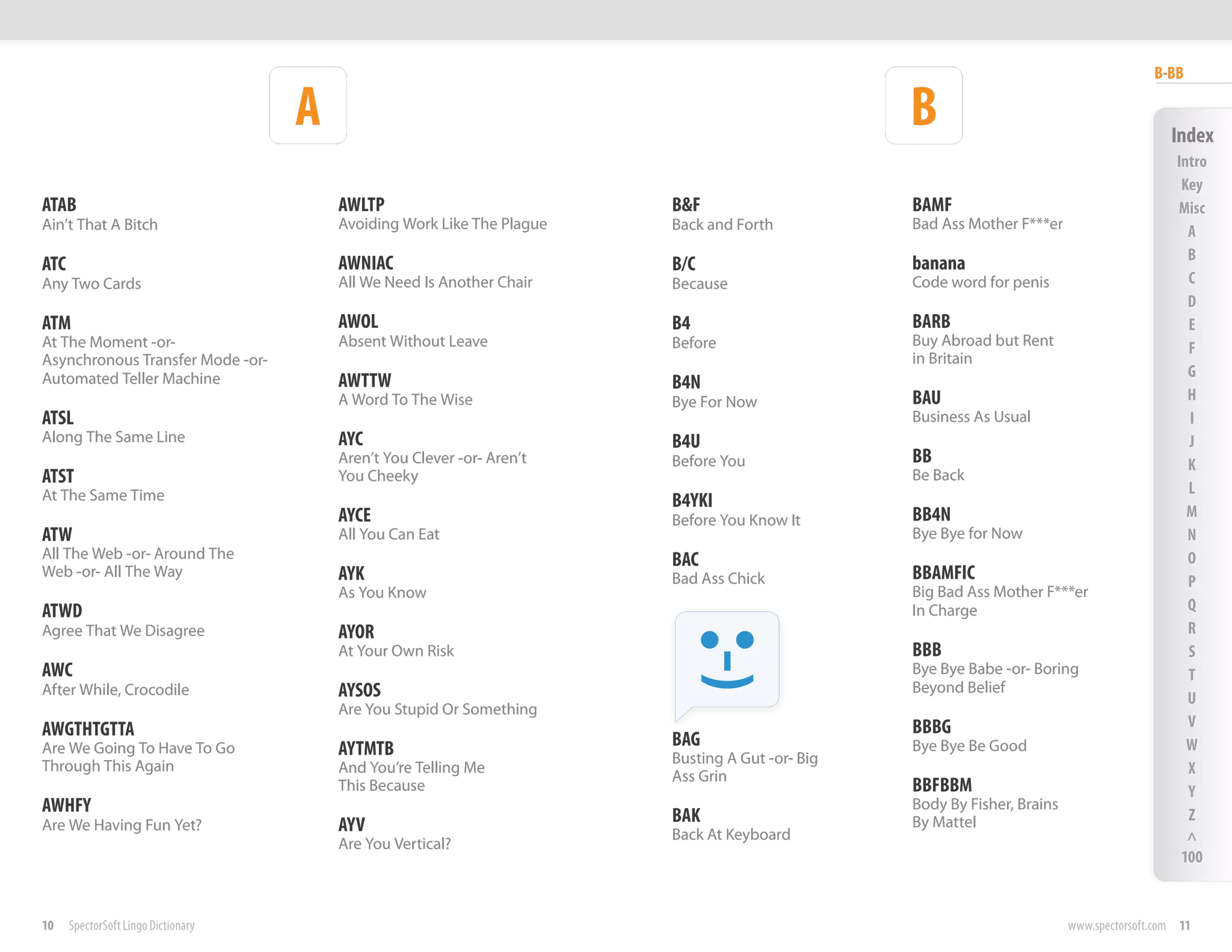 B-BB

                                     A                                                            B                                          Index
                                                                                                                                              Intro
                                                                                                                                               Key
ATAB                                     AWLTP                           B&F                      BAMF                                        Misc
Ain’t That A Bitch                       Avoiding Work Like The Plague   Back and Forth           Bad Ass Mother F***er                         A
                                                                                                                                                B
ATC                                      AWNIAC                          B/C                      banana
Any Two Cards                            All We Need Is Another Chair    Because                  Code word for penis                           C
                                                                                                                                                D
ATM                                      AWOL                            B4                       BARB                                          E
At The Moment -or-                       Absent Without Leave            Before                   Buy Abroad but Rent                           F
Asynchronous Transfer Mode -or-                                                                   in Britain
                                                                                                                                                G
Automated Teller Machine                 AWTTW                           B4N
                                         A Word To The Wise              Bye For Now              BAU                                           H
ATSL                                                                                              Business As Usual                             I
Along The Same Line                      AYC                             B4U                                                                    J
                                         Aren’t You Clever -or- Aren’t   Before You               BB                                            K
ATST                                     You Cheeky                                               Be Back
At The Same Time                                                                                                                                L
                                                                         B4YKI
                                         AYCE                            Before You Know It       BB4N                                          M
ATW                                      All You Can Eat                                          Bye Bye for Now                               N
All The Web -or- Around The                                              BAC                                                                    O
Web -or- All The Way                     AYK                             Bad Ass Chick            BBAMFIC                                       P
                                         As You Know                                              Big Bad Ass Mother F***er
ATWD                                                                                              In Charge                                     Q
Agree That We Disagree                   AYOR                                                                                                   R
                                         At Your Own Risk                                         BBB                                           S
AWC                                                                                               Bye Bye Babe -or- Boring                      T
After While, Crocodile                   AYSOS                                                    Beyond Belief
                                                                                                                                                U
                                         Are You Stupid Or Something
AWGTHTGTTA                                                                                        BBBG                                          V
Are We Going To Have To Go               AYTMTB                          BAG                      Bye Bye Be Good                               W
Through This Again                                                       Busting A Gut -or- Big
                                         And You’re Telling Me                                                                                  X
                                                                         Ass Grin
                                         This Because                                             BBFBBM                                        Y
AWHFY                                                                                             Body By Fisher, Brains
Are We Having Fun Yet?                   AYV                             BAK                      By Mattel                                     Z
                                                                         Back At Keyboard                                                       ^
                                         Are You Vertical?
                                                                                                                                               100


10    SpectorSoft Lingo Dictionary                                                                                         www.spectorsoft.com 11
 